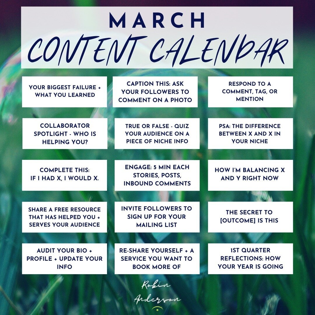 March on, ye social warriors.

Here's fifteen fresh ideas to keep you present on your social feeds this month. Use them for your creative work, your powerful businesses, or yourself.

If you use these ideas, tag me in your posts so I can cheerlead! ?