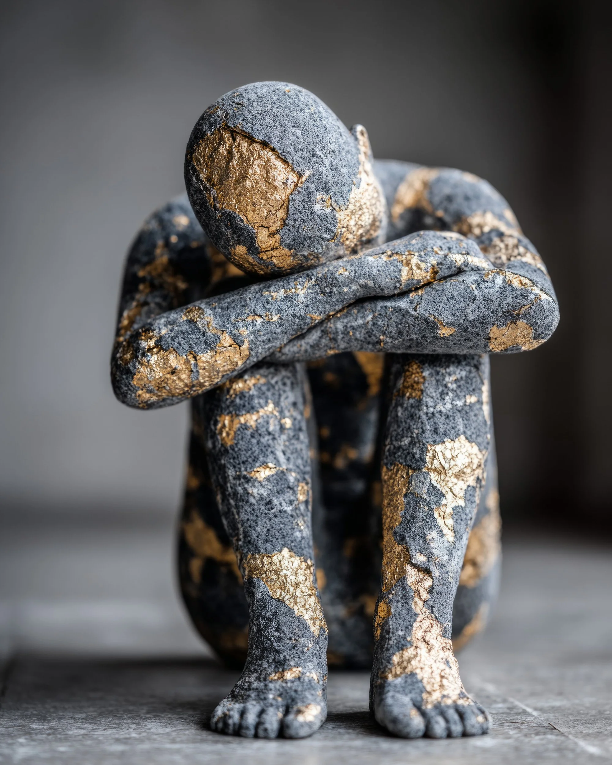 Minimalist digital sculpture of a seated human figure with cracked surface and gold accents, inspired by wabi-sabi aesthetics.