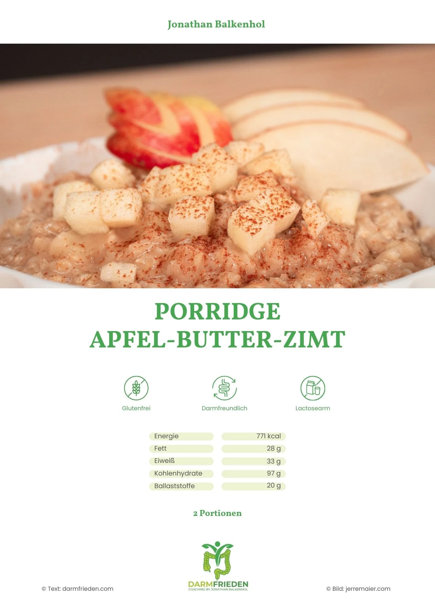 Editorial recipe design featuring apple cinnamon porridge with nutritional information layout and food photography for Darmfrieden.