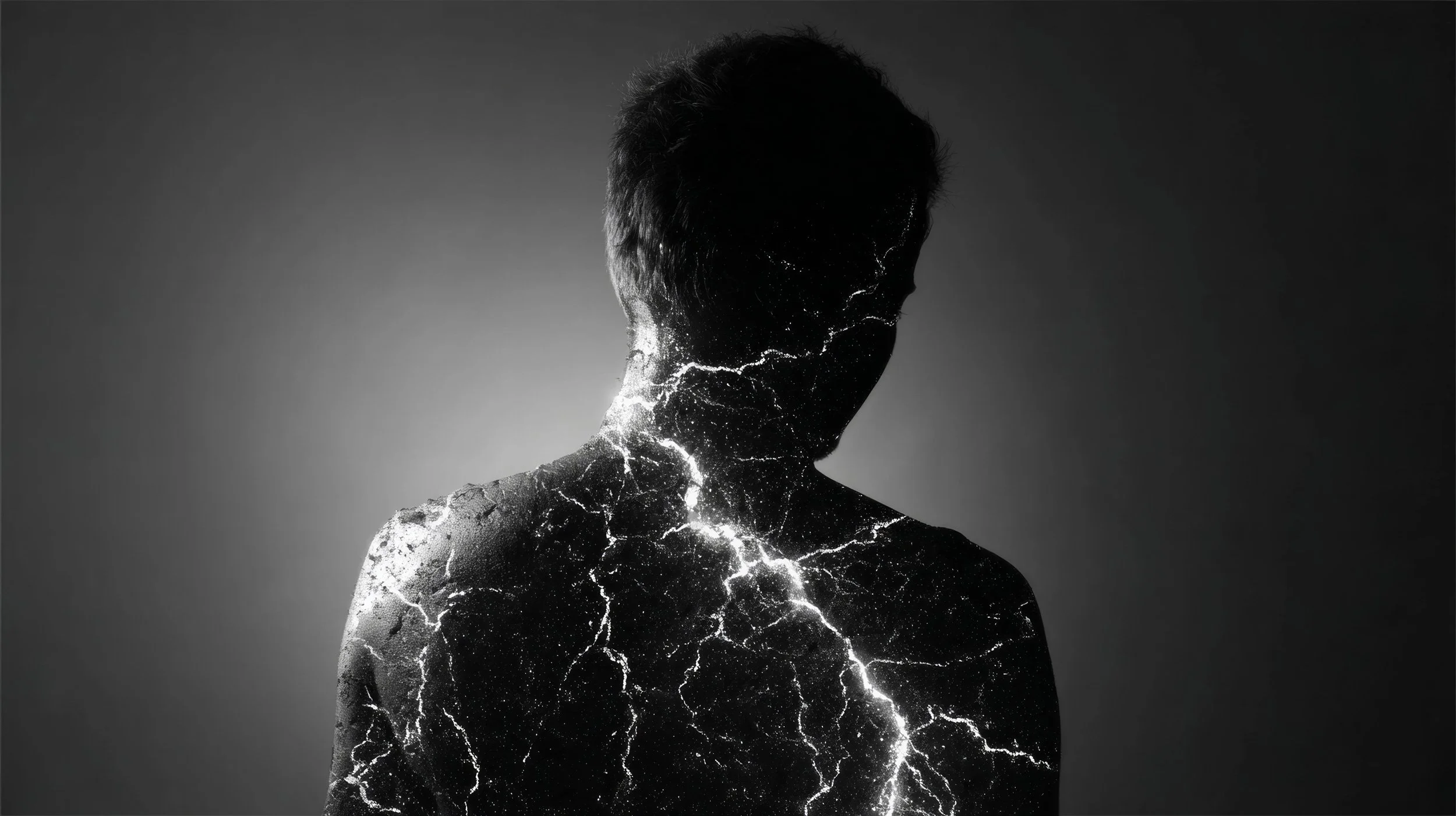 Dark surreal digital portrait of a human silhouette illuminated by lightning-like energy patterns across the body.