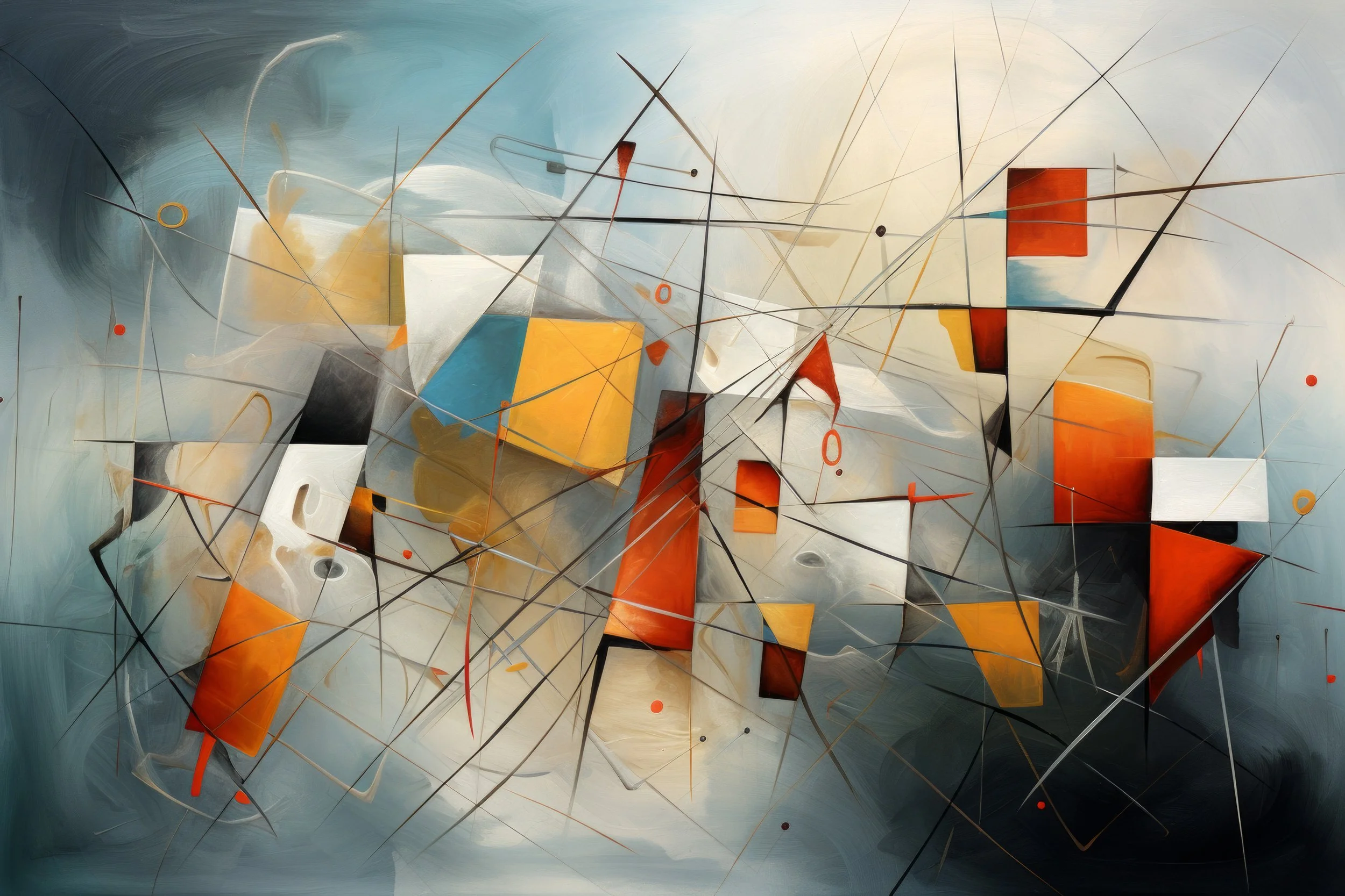 Contemporary abstract digital artwork with intersecting lines and translucent geometric forms in red, blue and warm neutral tones.