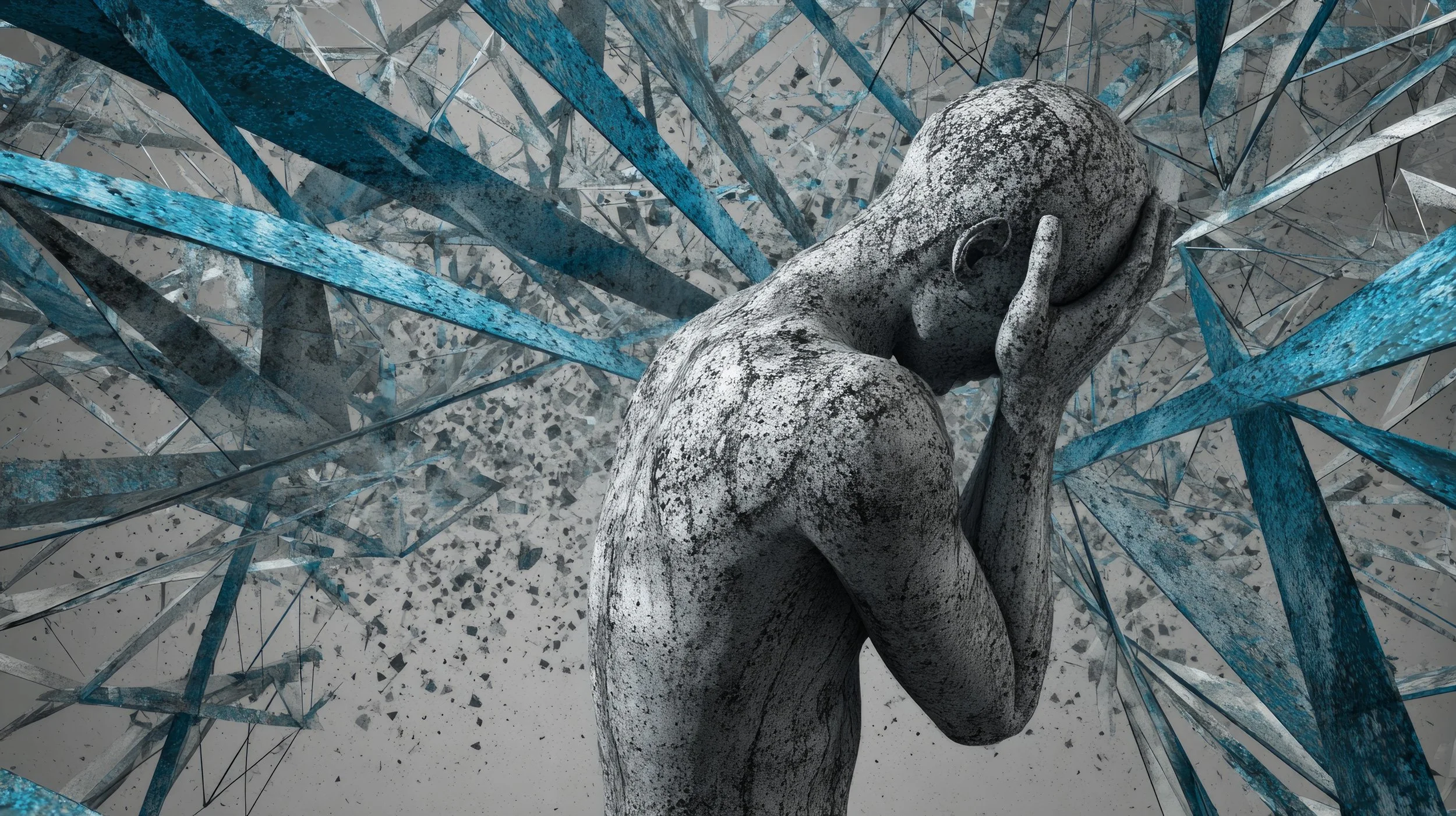 Conceptual digital artwork of a fragmented human figure surrounded by abstract blue structural lines and broken geometry.