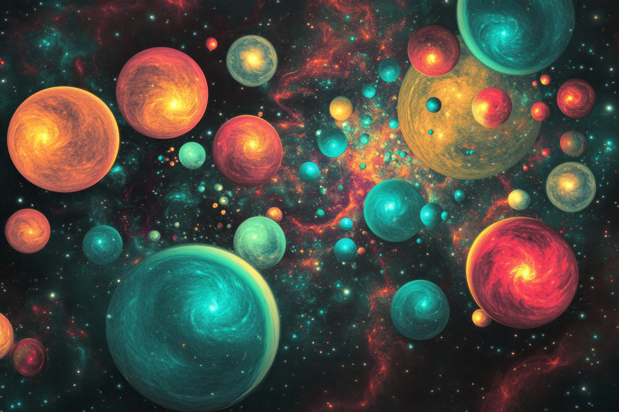 Surreal digital artwork of glowing planets floating in deep space, vibrant cosmic composition with rich color contrasts.