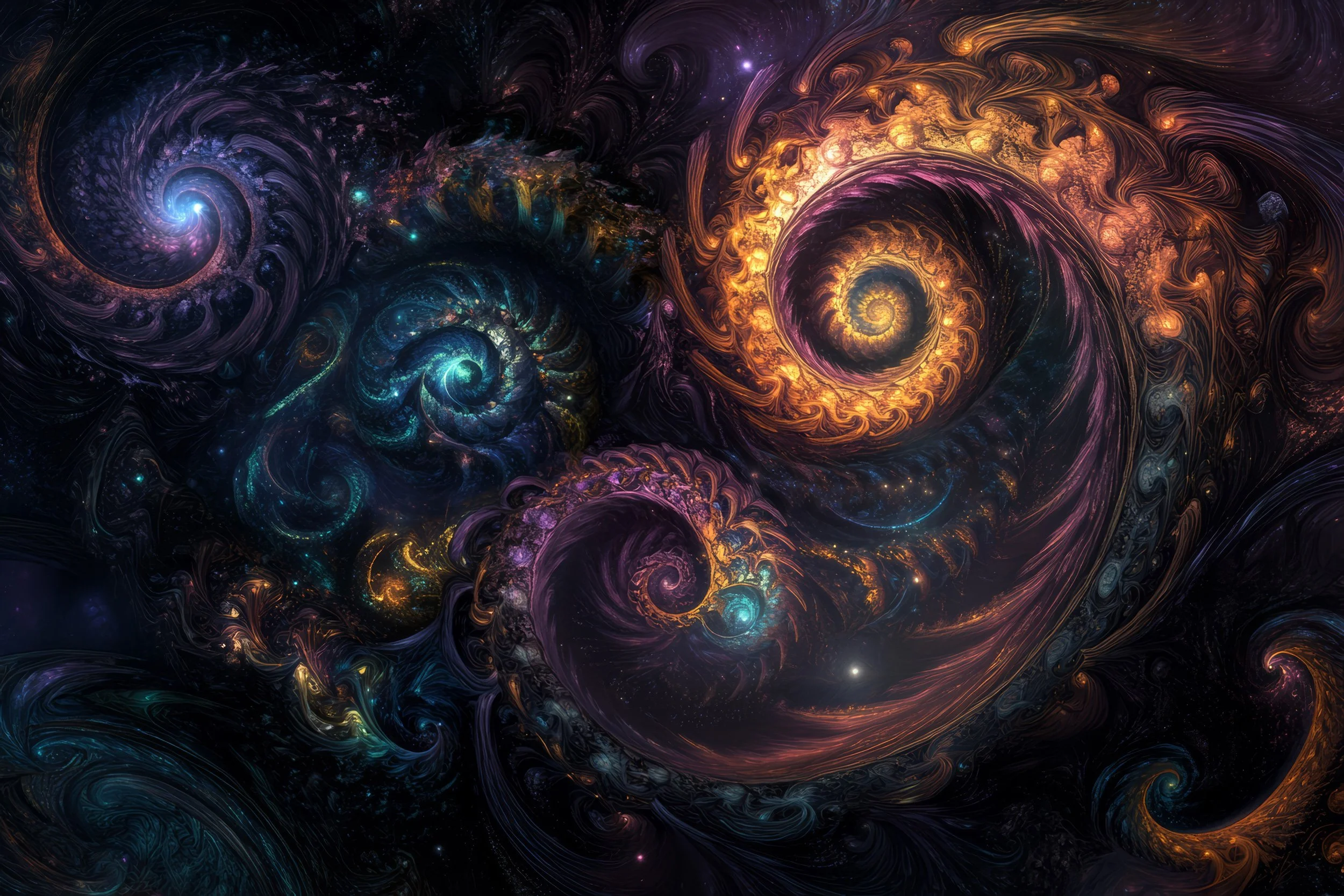 Detailed cosmic fractal artwork with luminous spirals and deep space textures in purple, gold and blue hues.