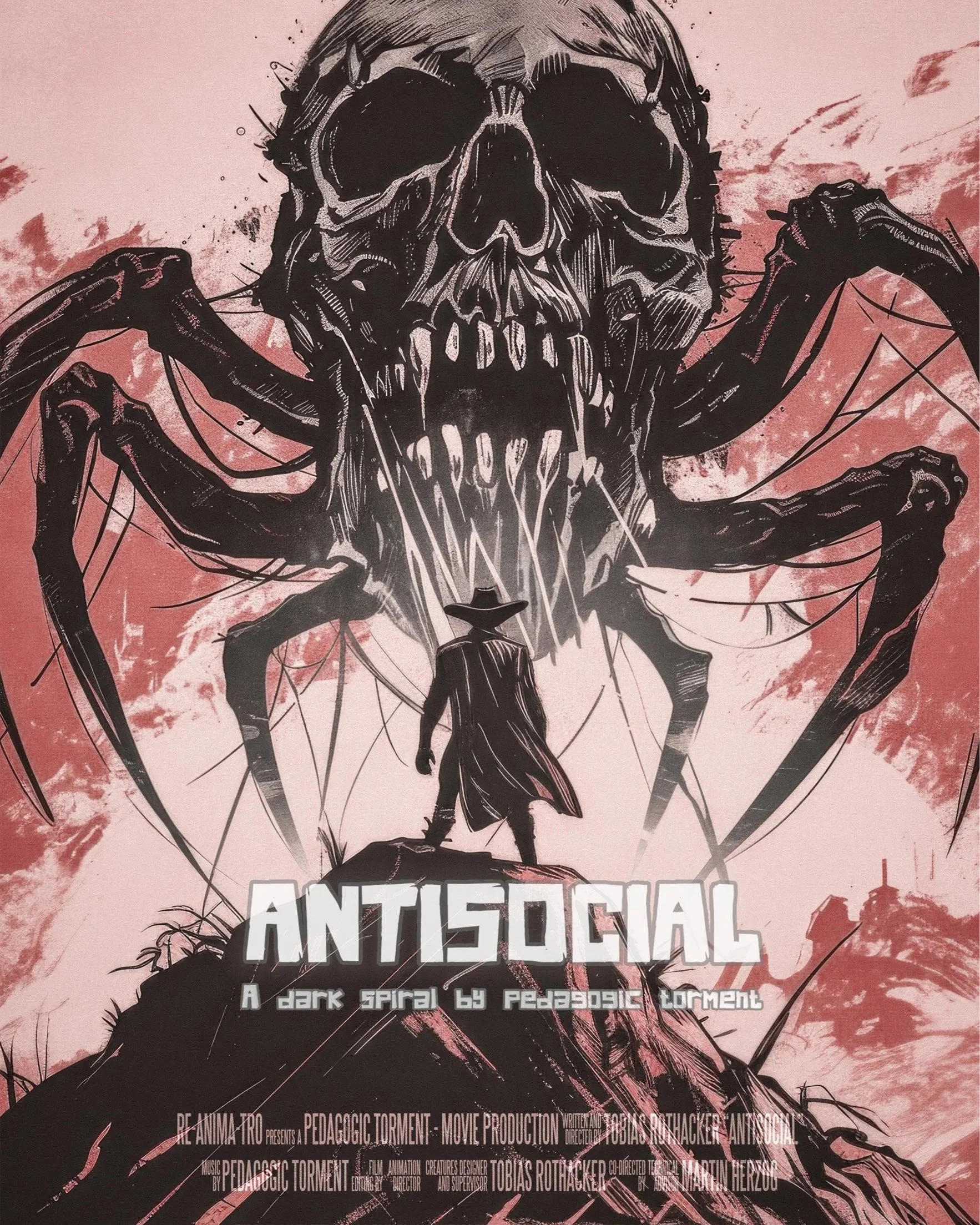 Illustrated film poster for Antisocial featuring dark surreal skull composition, poster design and digital artwork by Jerre Maier in collaboration with Re-Anima-Tro and Pedagogic Torment.
