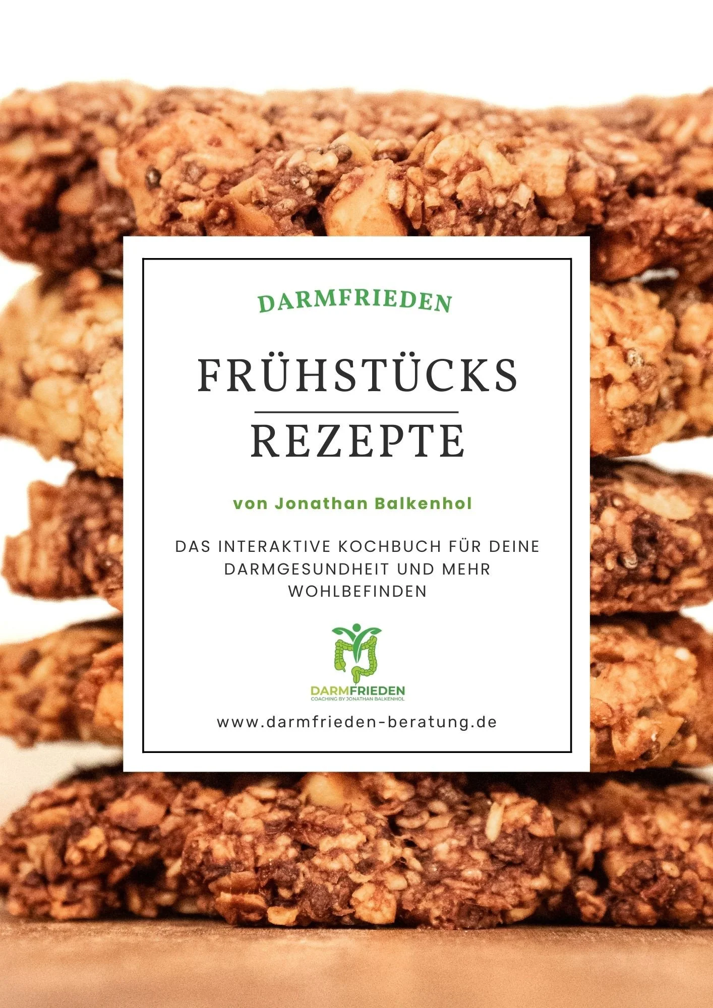 Cookbook cover design for breakfast recipes, combining food photography and clean editorial layout for nutritional therapist Darmfrieden branding.