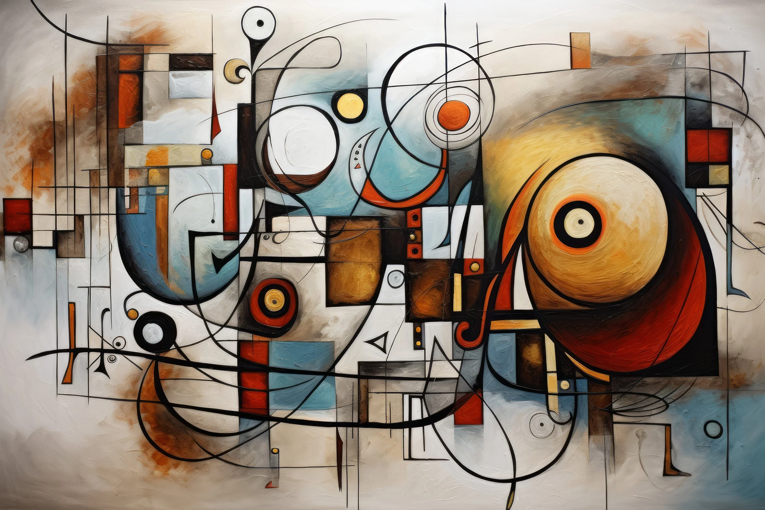 Modern geometric abstract digital artwork with layered shapes, circular forms and fine linear elements in warm and cool tones.