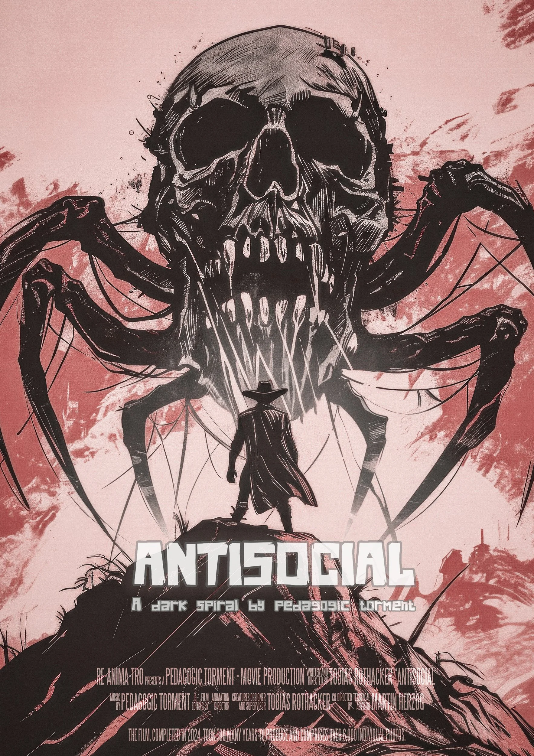 Illustrated film poster for Antisocial featuring dark surreal skull composition, poster design and digital artwork by Jerre Maier in collaboration with Re-Anima-Tro and Pedagogic Torment.