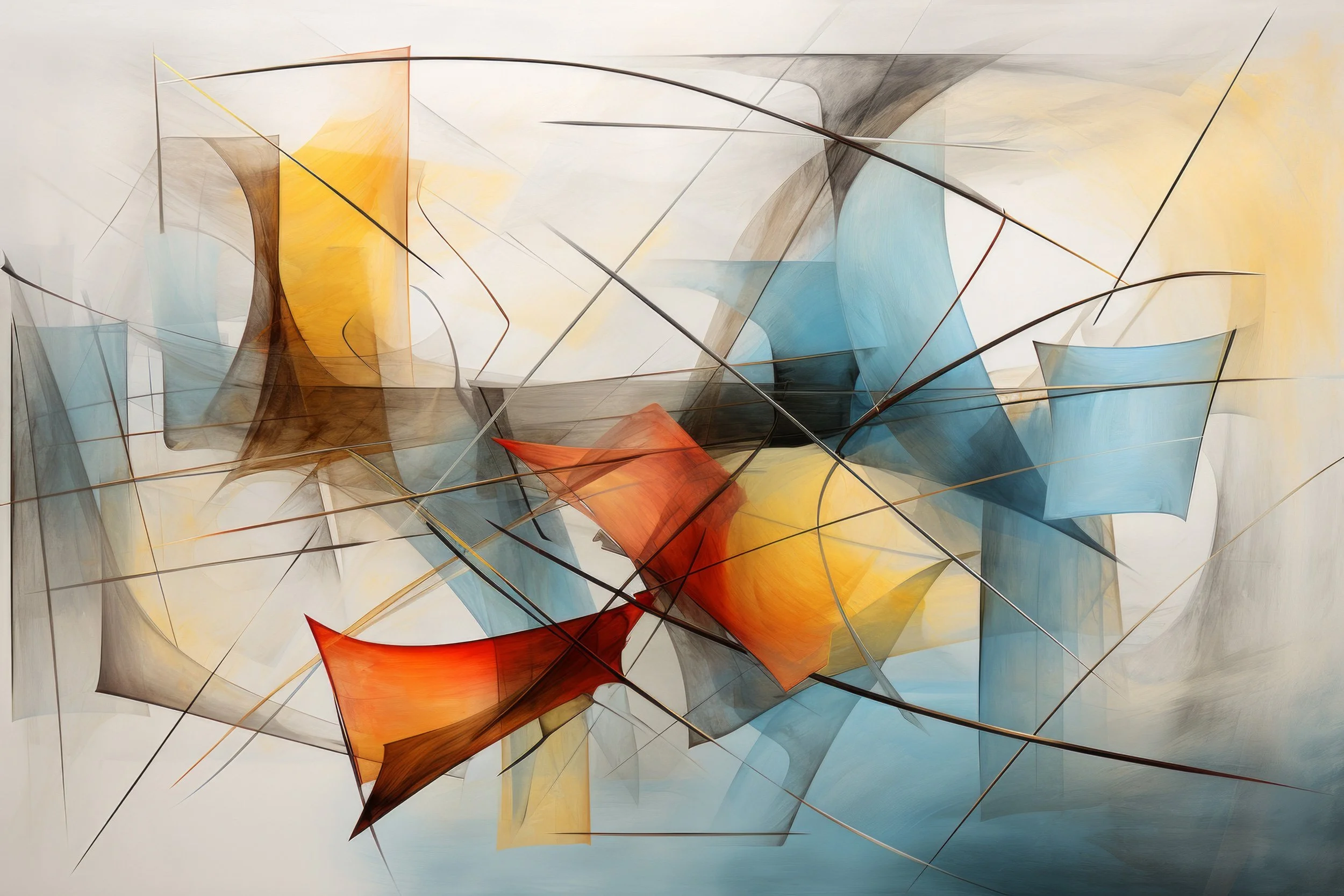 Fluid abstract digital painting with translucent shapes and sweeping linear elements in soft blue and warm orange tones.