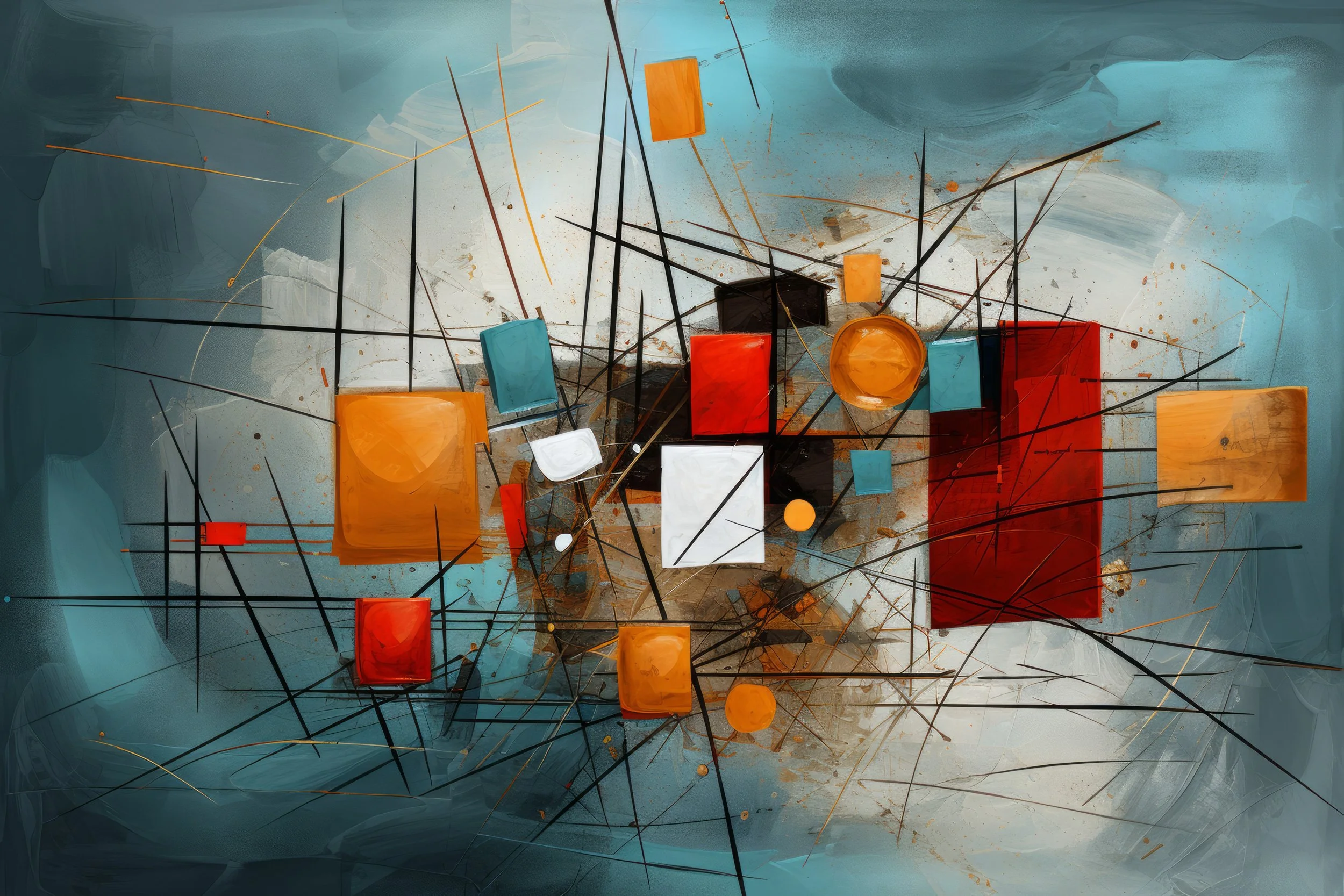 Layered geometric digital art composition featuring floating squares, intersecting lines and dynamic spatial depth.