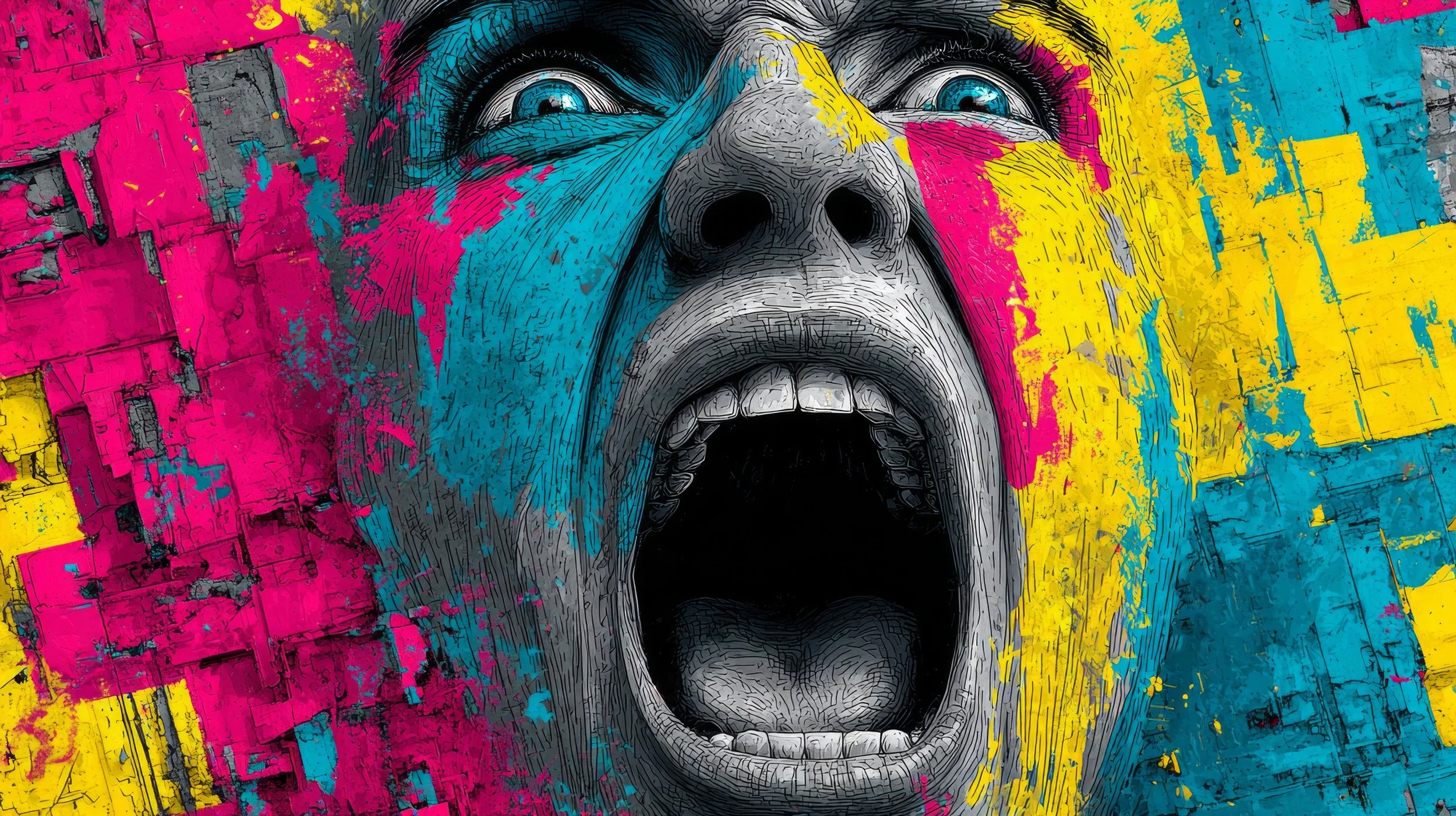 Vibrant digital portrait of a screaming face in bold cyan, yellow and magenta tones, expressive contemporary pop art style.