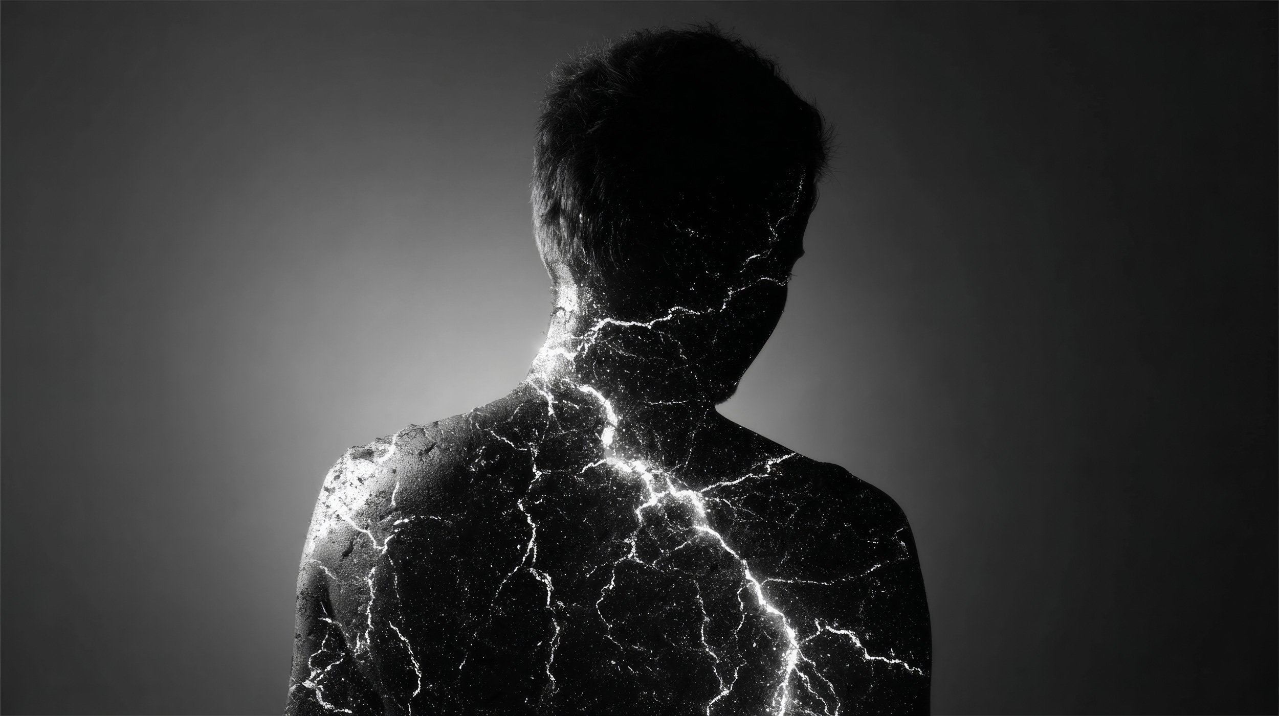 Dark surreal digital portrait of a human silhouette illuminated by lightning-like energy patterns across the body.