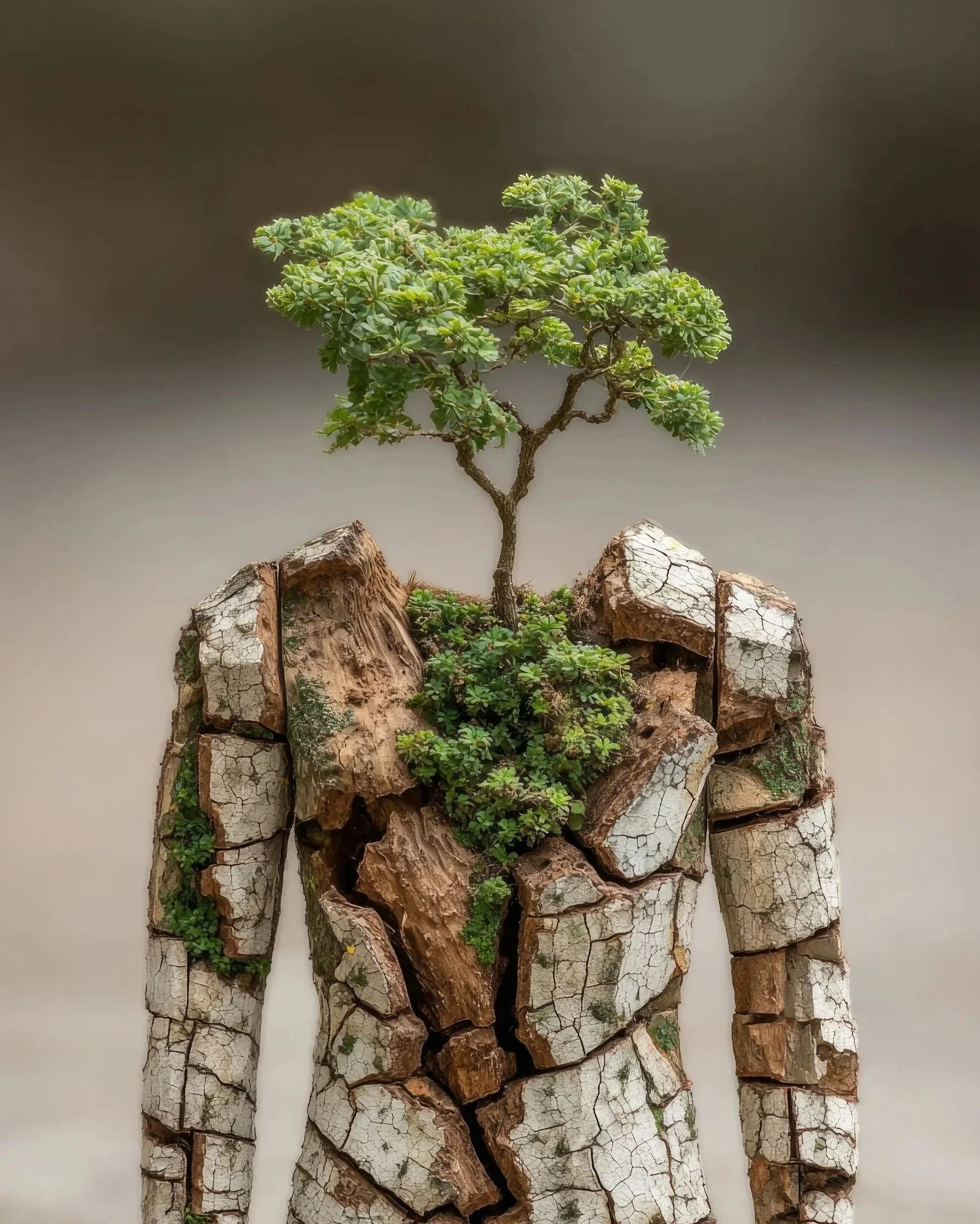 Conceptual digital artwork of a cracked human figure made of stone with a small tree growing from its chest, symbolizing rebirth and resilience.