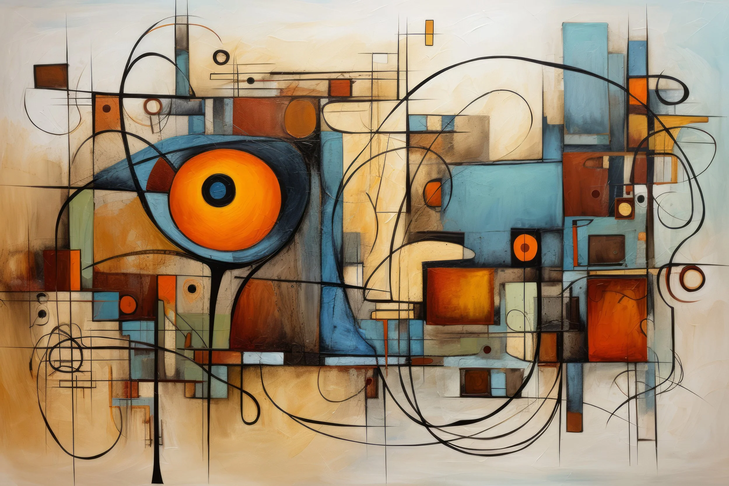 Abstract digital painting featuring a stylized eye integrated into geometric shapes and flowing black line structures.