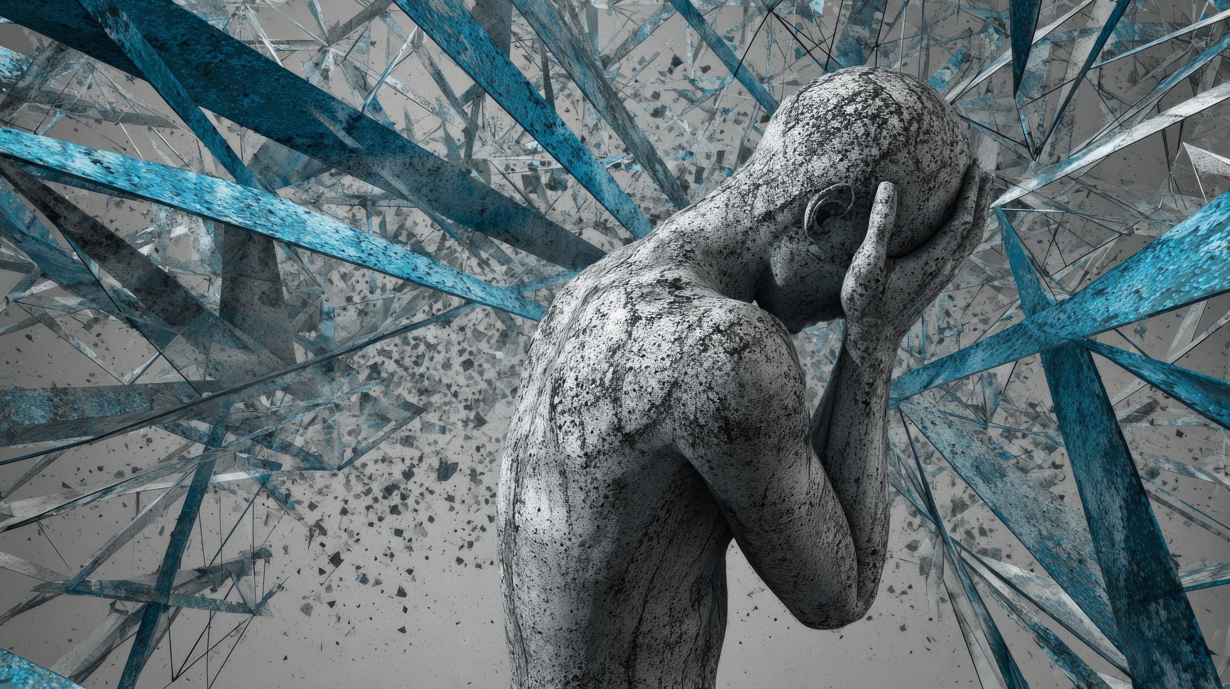 Conceptual digital artwork of a fragmented human figure surrounded by abstract blue structural lines and broken geometry.