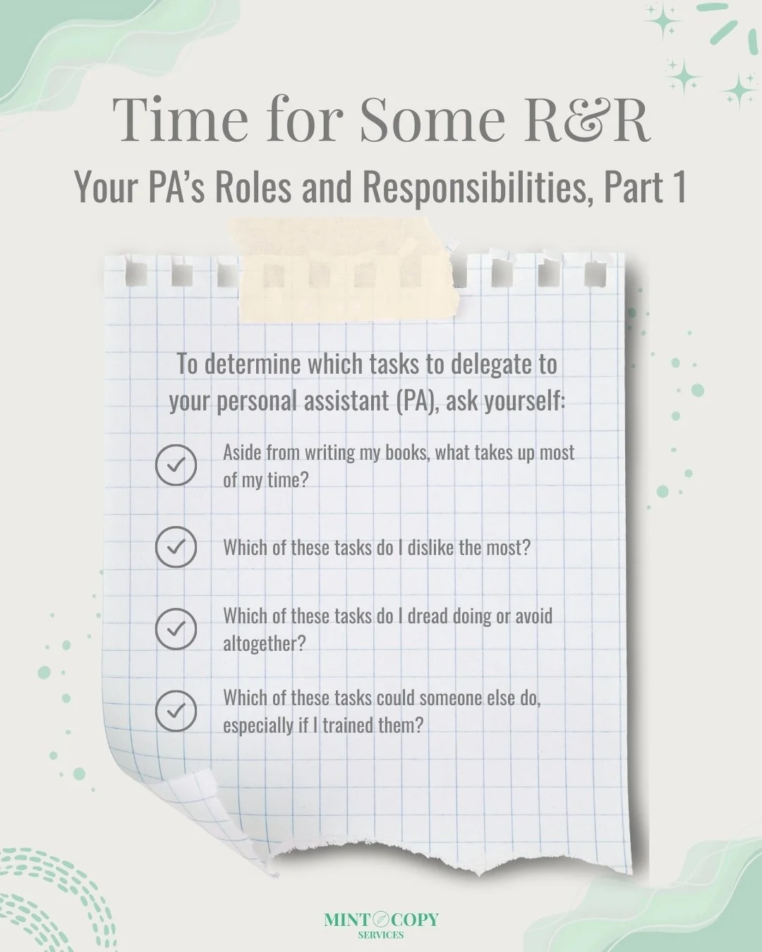 Thinking through these questions can be challenging, but be clear as possible with yourself.

Even though writing is your area of genius, do you really need to be the one to write captions, newsletters, emails, etc? 

Or, with a little bit of trainin