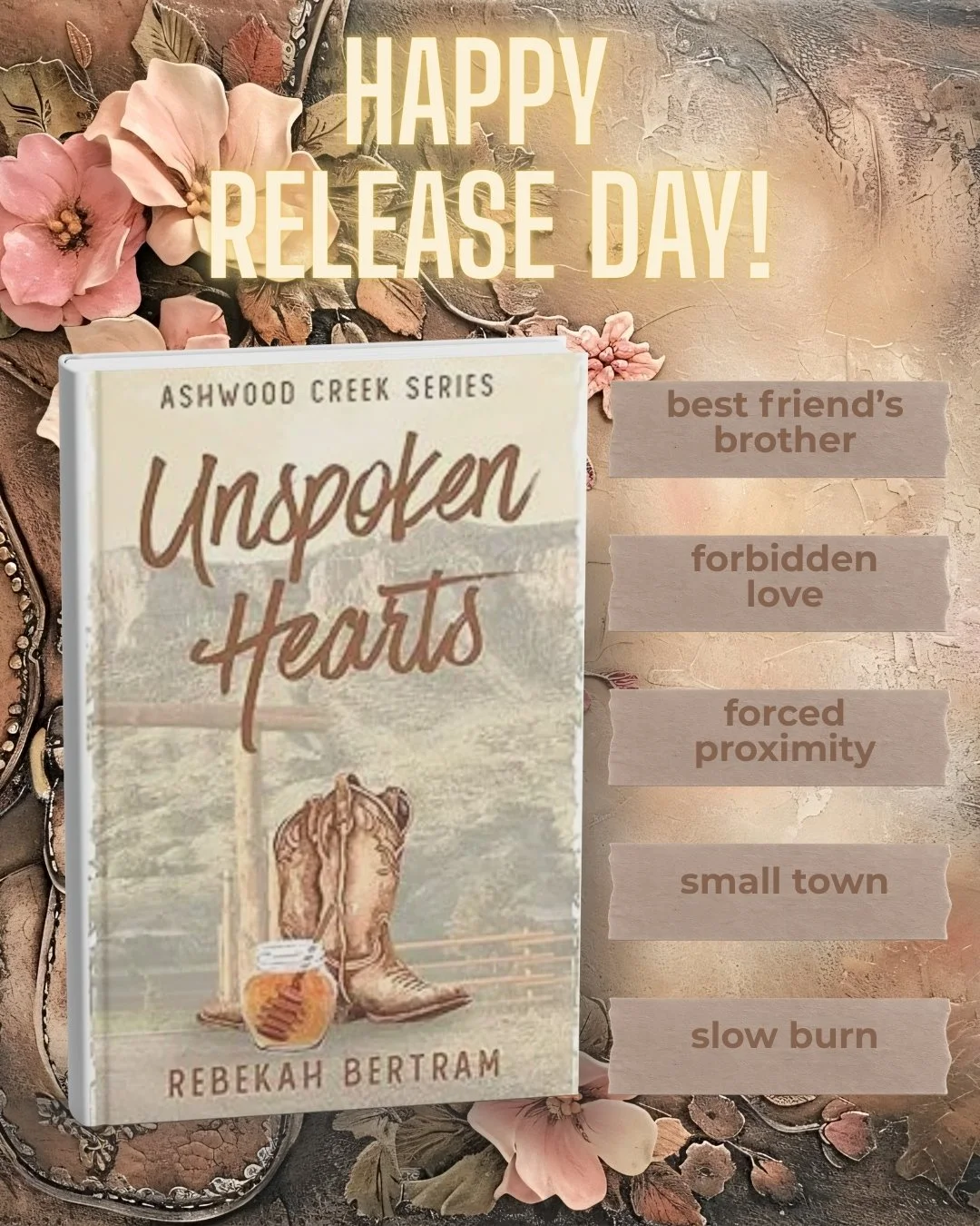 Happy Release Day, Rebekah Bertram! 

Unspoken Hearts is Book 1 in the Ashwood Creek Series by @authorbekbertram.

BLURB:
A love as sweet as honey

Reid Lawson is the oldest brother on Honey Haven Ranch, working towards taking over the family propert