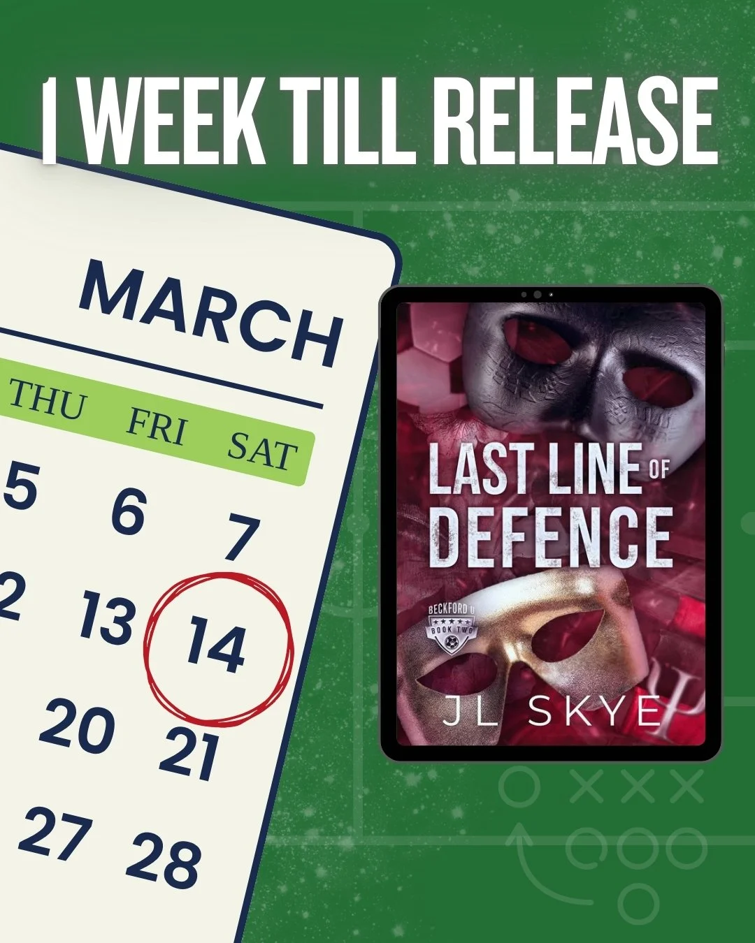 Get ready! In just one week, we welcome Last Line of Defence, the second book in JL Skye's new Beckford U series!

BLURB:
From the outside, Zac Kincaid, Beckford U&rsquo;s star goalkeeper, has it all&mdash;he&rsquo;s an out-and-proud bisexual with su