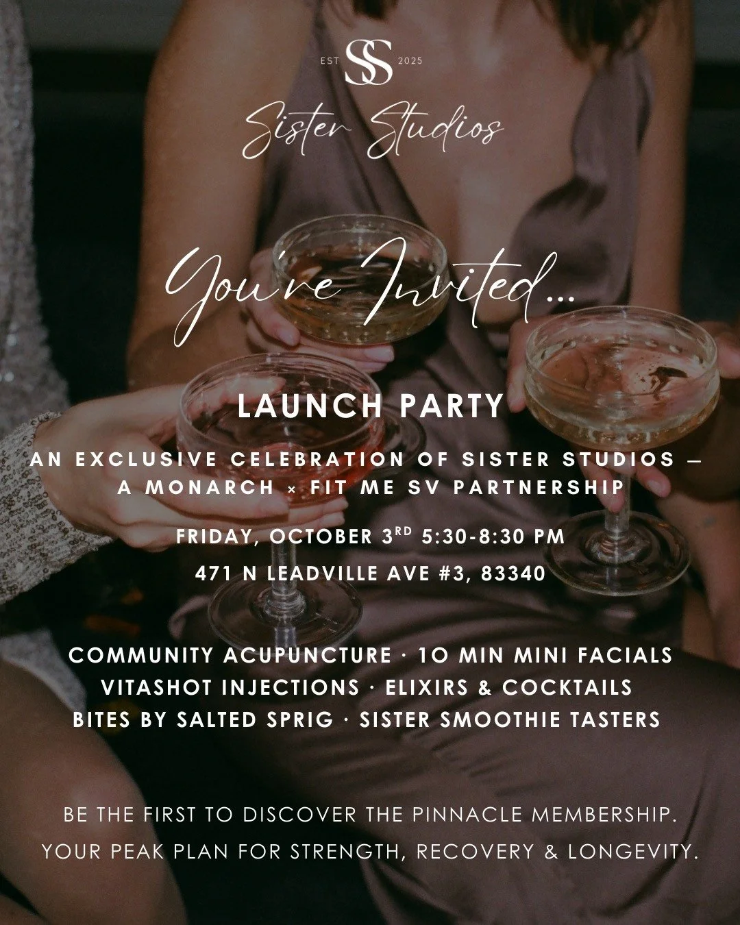 You&rsquo;re invited 🤍✨⁠
⁠
To the official launch of our sisterhood: Monarch x Fit Me SV = Sister Studios.⁠
⁠
Join us for our Launch Party this Friday, October 3rd, from 5:30&ndash;8:30 PM at Monarch⁠
📍 471 Leadville Ave #3, Ketchum, ID 83340⁠
⁠
Ev