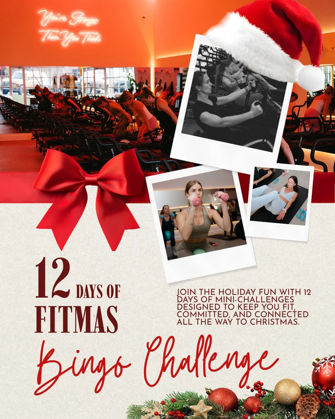 🎄 12 Days of Fitmas is BACK! 🎄 ⁠
Our annual holiday Bingo Challenge kicks off this Friday, Dec 12. Sleigh your fitness routine during the holiday chaos and have fun doing it. ⁠
 ⁠
✨ How to Join: ⁠
1. Swing by the studio on Friday + grab your printe