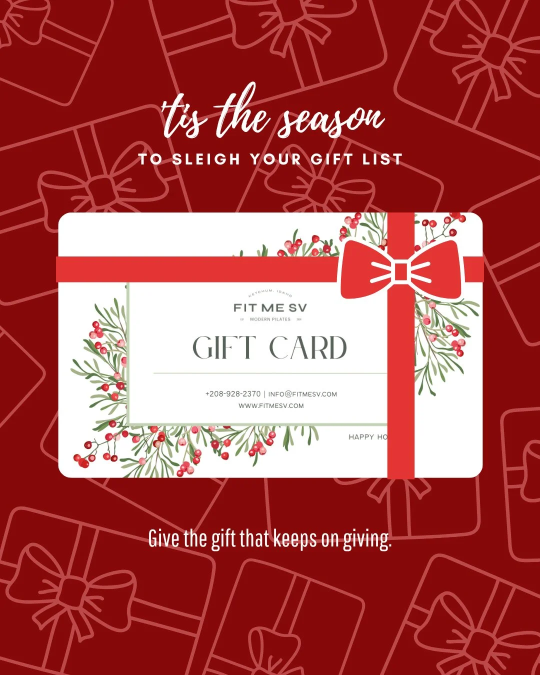 &rsquo;Tis the season to sleigh your gift list 🎁✔️ ⁠
 ⁠
Give the gift that keeps on giving well after the holidays with a Fit Me SV Holiday Gift Card. 🎄 ⁠
 ⁠
Our gift cards deliver exactly what your favorite people actually want: ⁠
movement, motiva