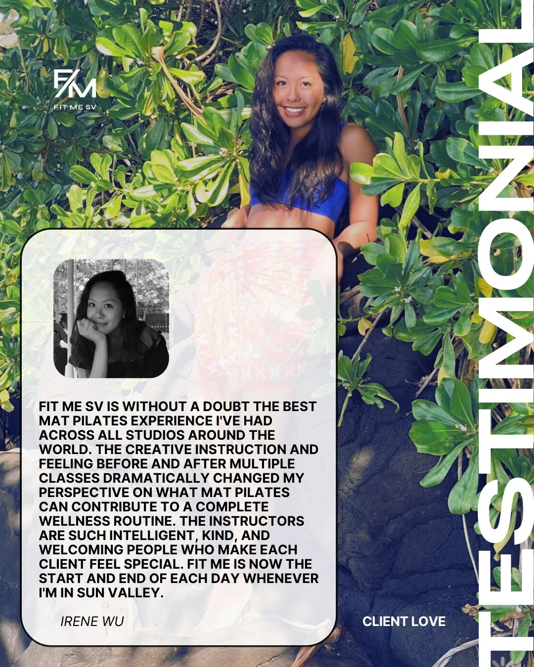 TESTIMONIAL THURSDAY 💌⁠
Welcome to Testimonial Thursday, where we let the clients do the talking.⁠
⁠
Irene Wu, you're an absolute gem. Thank you for the sweetest words and for coming back every summer and making Fit Me part of your Sun Valley tradit