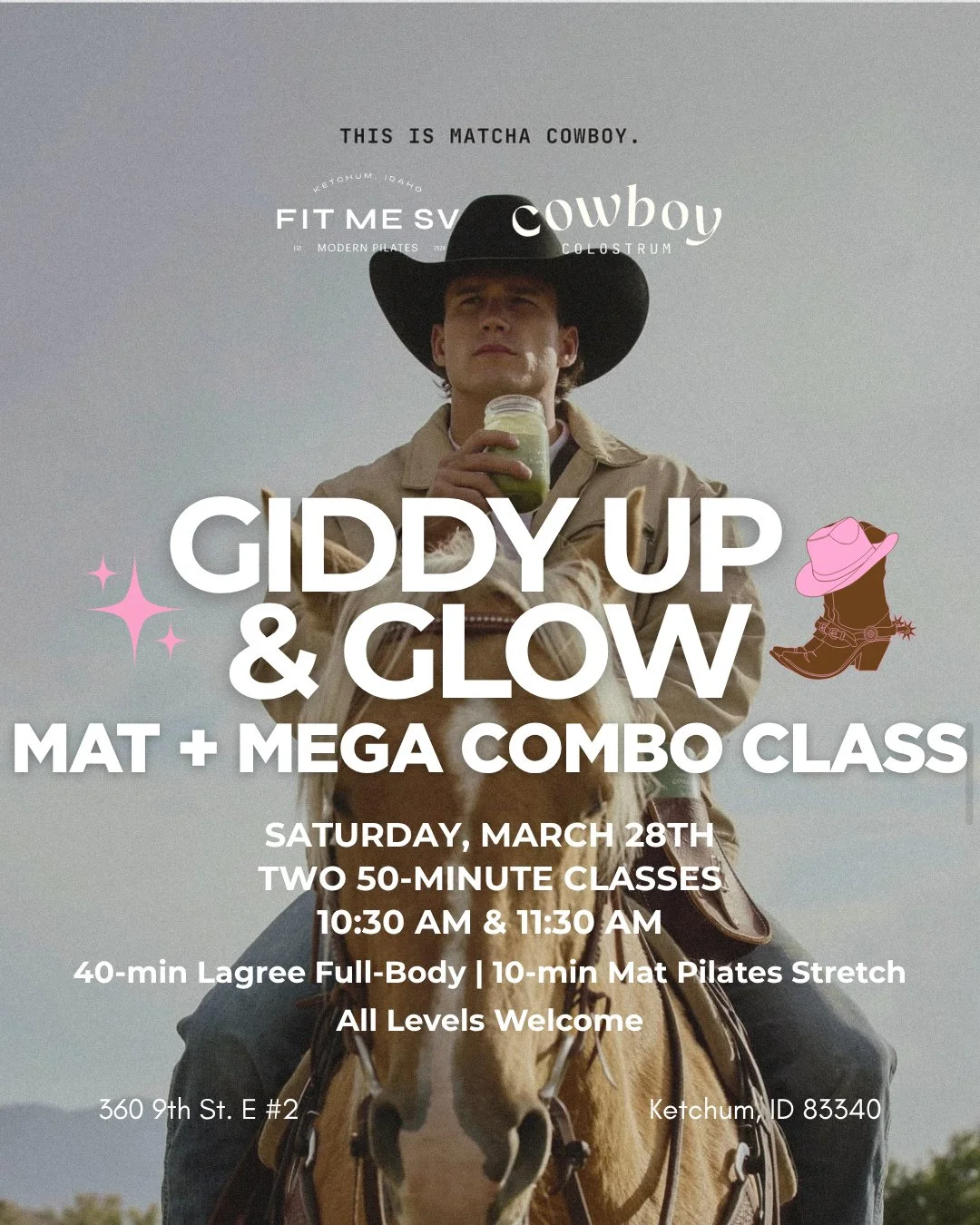 Come join us for Giddy Up &amp; Glow 🤠✨🌼⁠ ⁠
⁠
This Saturday 3/28.⁠ help us welcome spring with a special event by @fitmesunvalley x @cowboycolostrum.⁠
⁠
We&rsquo;re hosting two Mat + Mega 50-minute combo classes featuring:⁠
🤎 40-min Lagree Full-Bo
