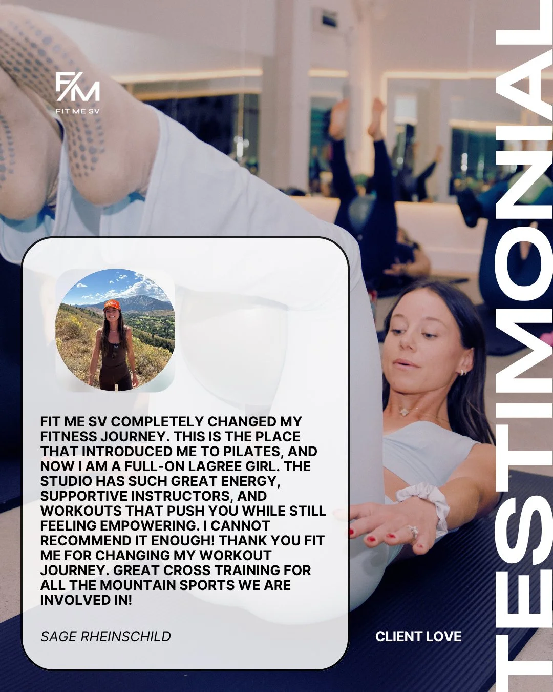 TESTIMONIAL THURSDAY 💌⁠
Where we let the clients do the talking.⁠
⁠
Thank you @skiwithsage 🫶🏼. We love hearing that Fit Me helped you find Pilates, and now you&rsquo;re a full-on Lagree girl (welcome to the dark side 🖤).⁠
⁠
Sage is one of our mou