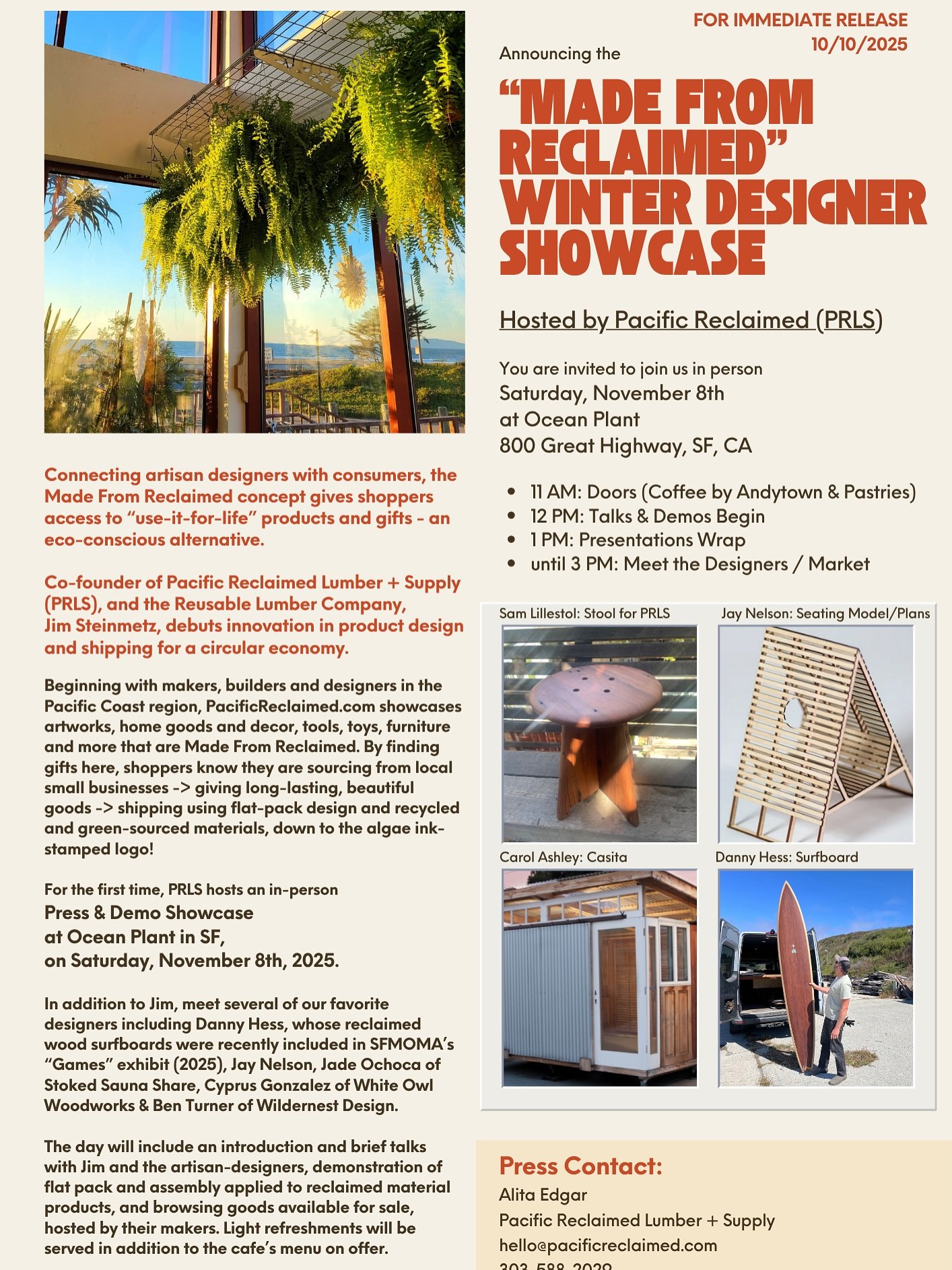 🌊 Headed to Ocean Beach this Saturday?
Join us at Ocean Plant (800 Great Highway, SF) for the &ldquo;Made From Reclaimed&rdquo; Winter Designer Showcase hosted by Pacific Reclaimed Lumber + Supply!

We&rsquo;re excited to share products from SA+C In
