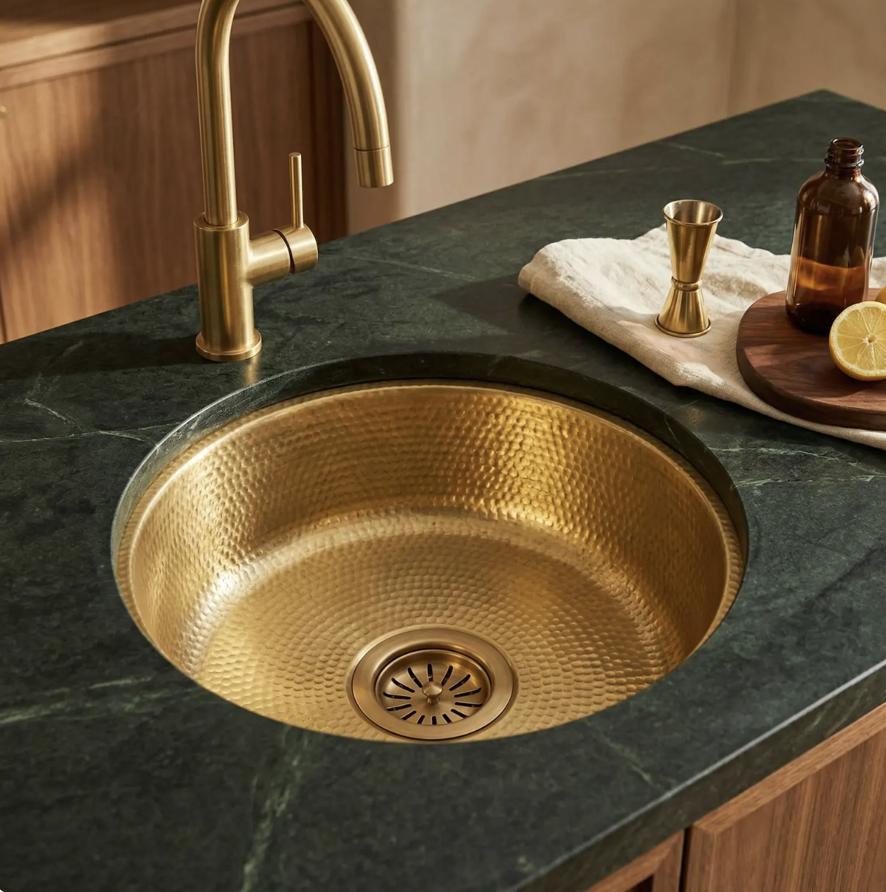 $250.00+

Unlacquered Hammered Brass Bar Sink with Strainer: Round Undermount Basin - TerraFez