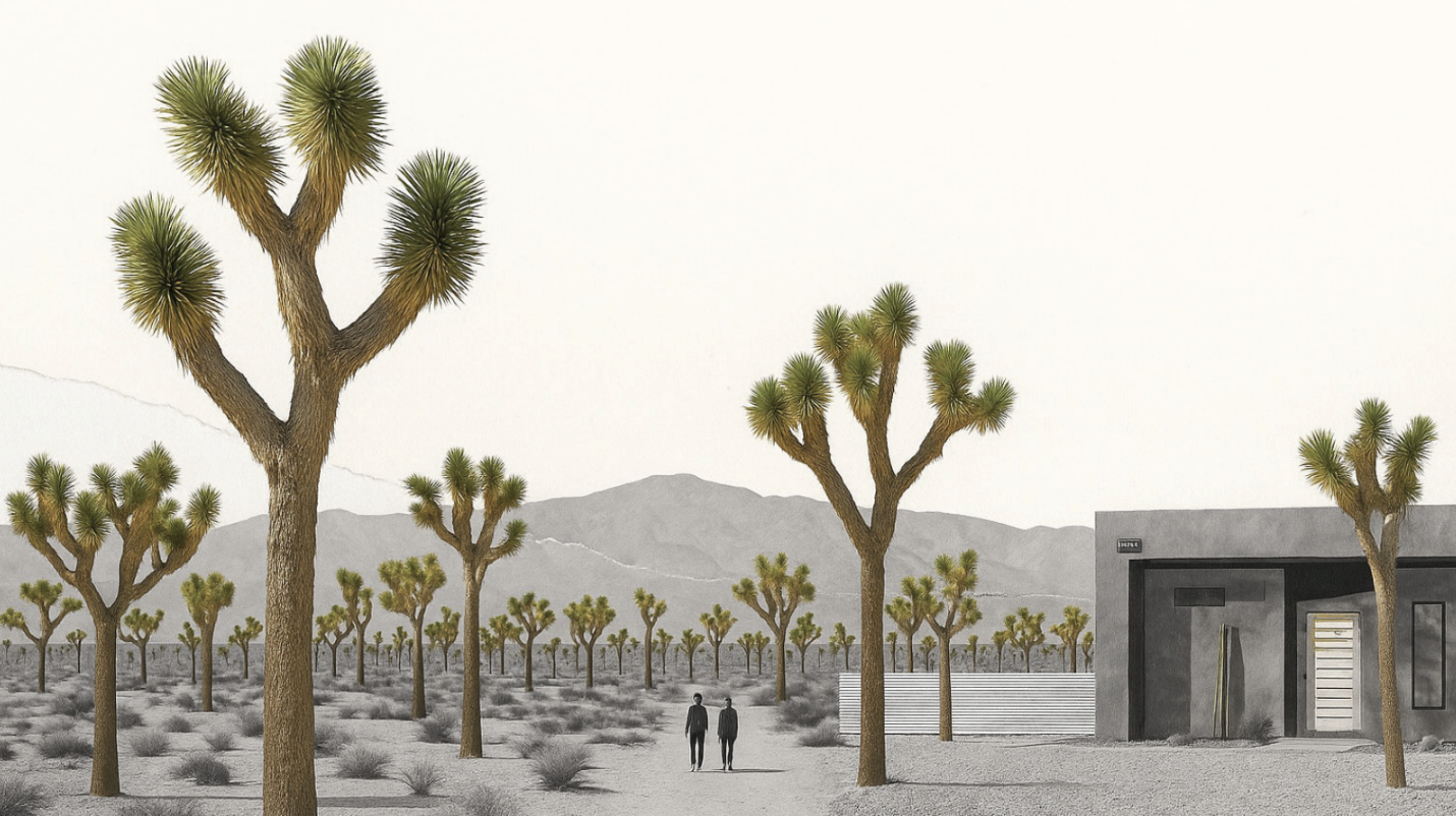 This collage emphasizes the dominance and resilience of Joshua trees in the desert landscape. Their density and repetition highlight how they form the true backbone of this fragile ecosystem, shaping the character of Joshua Tree far more than human i