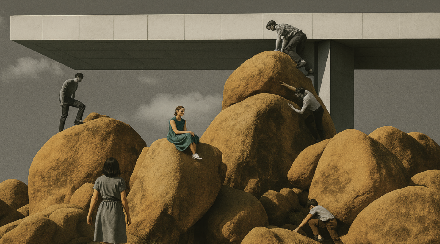 This collage draws from the iconic rock formations of Joshua Tree, whose massive boulders represent nature’s raw, time-carved geometries. Their organic forms, shaped by erosion and desert winds, stand in stark contrast to the hovering rectilinear str