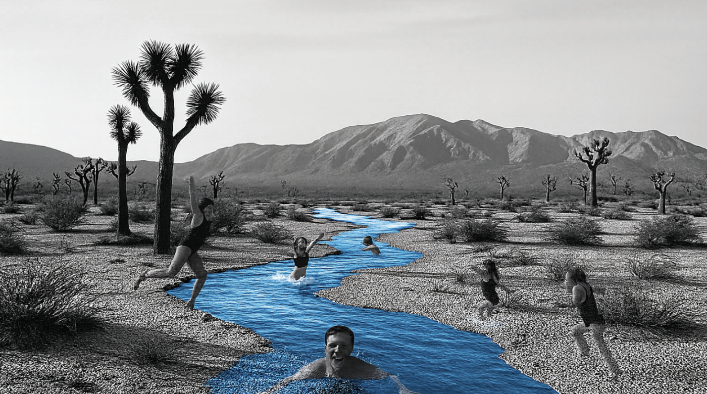 This collage highlights the absence of water in Joshua Tree by introducing a river as the central figure. The blue water symbolizes life, survival, and desire, while the tourists using it reflect how we consume limited resources in fragile environmen
