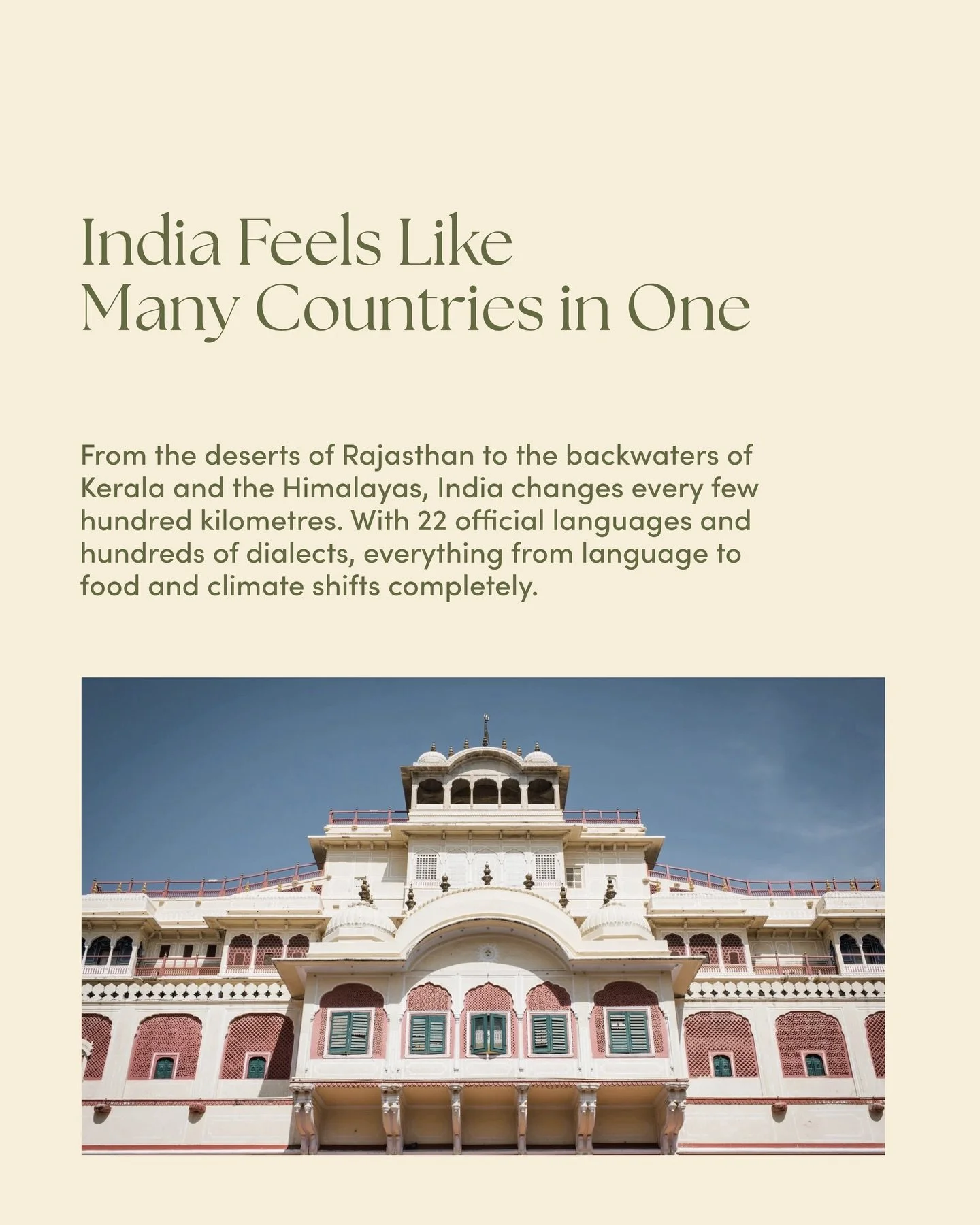 The further you travel across India, the less it feels like one place. It keeps reshaping itself. Mountains, deserts, coasts, cities with entirely different rhythms.

In November 2026, join us as we move through parts of it unhurried, with time to tr