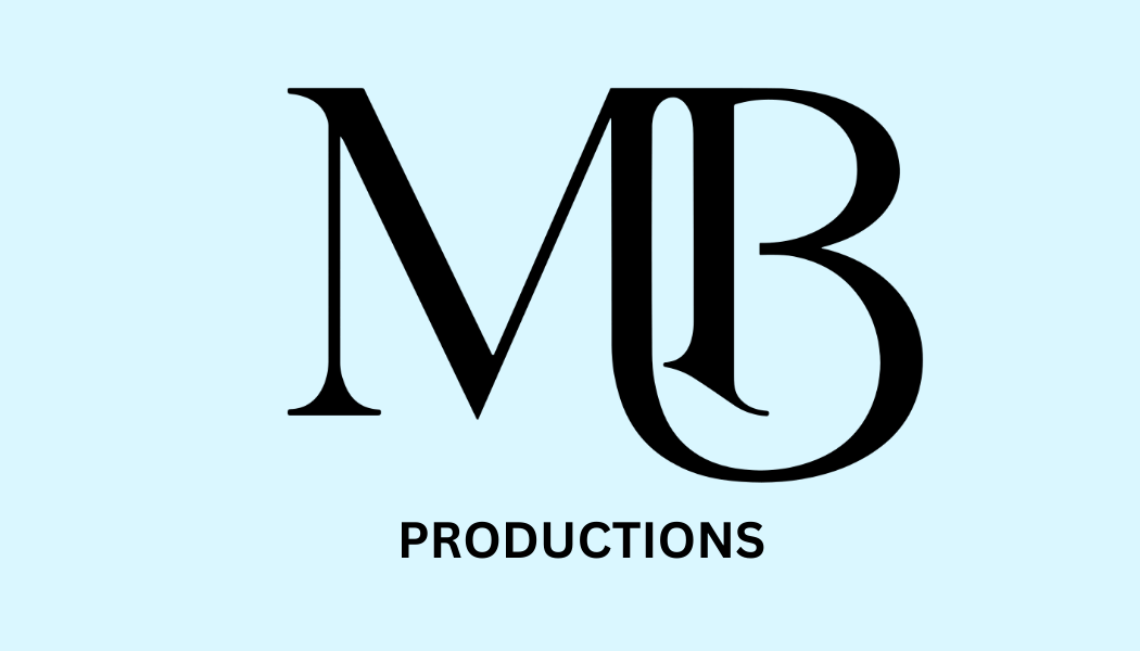 Logo with large stylized letters 'MB' and the word 'Productions' underneath on a light blue background.