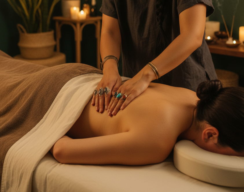 Person receiving a massage in a peaceful, dimly lit spa setting.