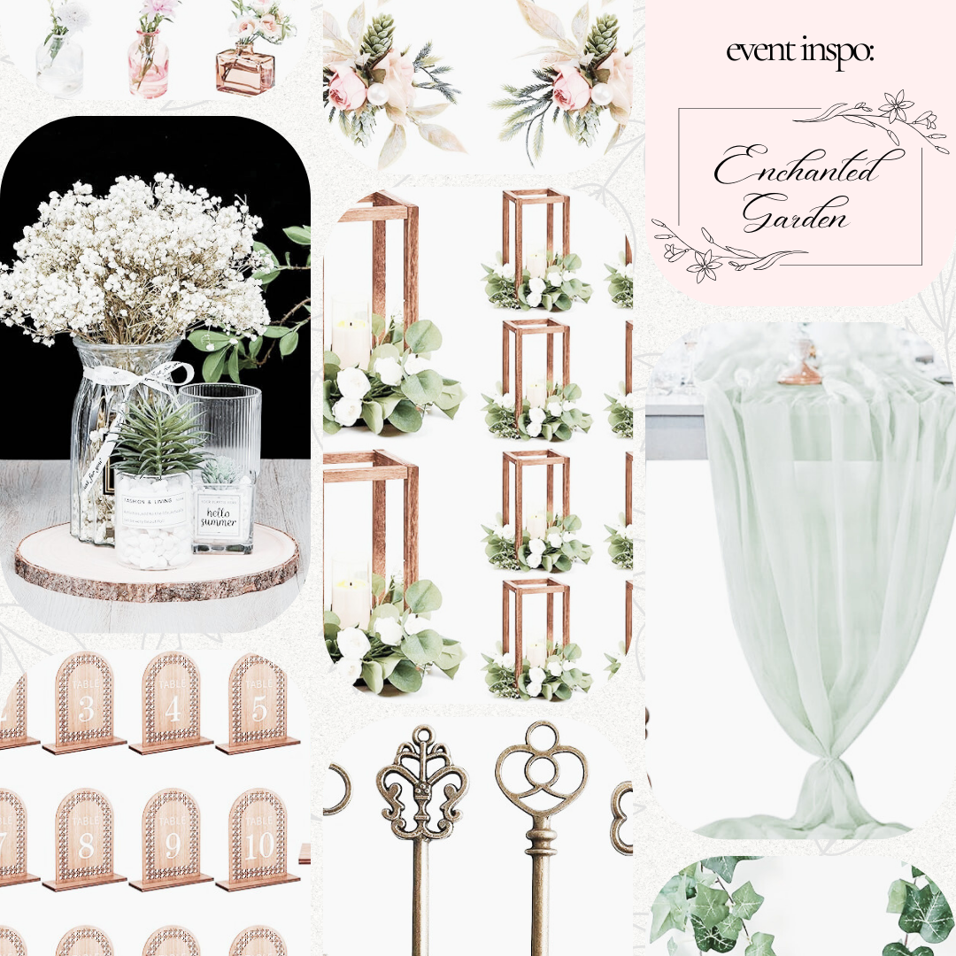 Enchanted garden event theme with floral decor, wooden lanterns, key-shaped decor, green drapes, and table numbers.