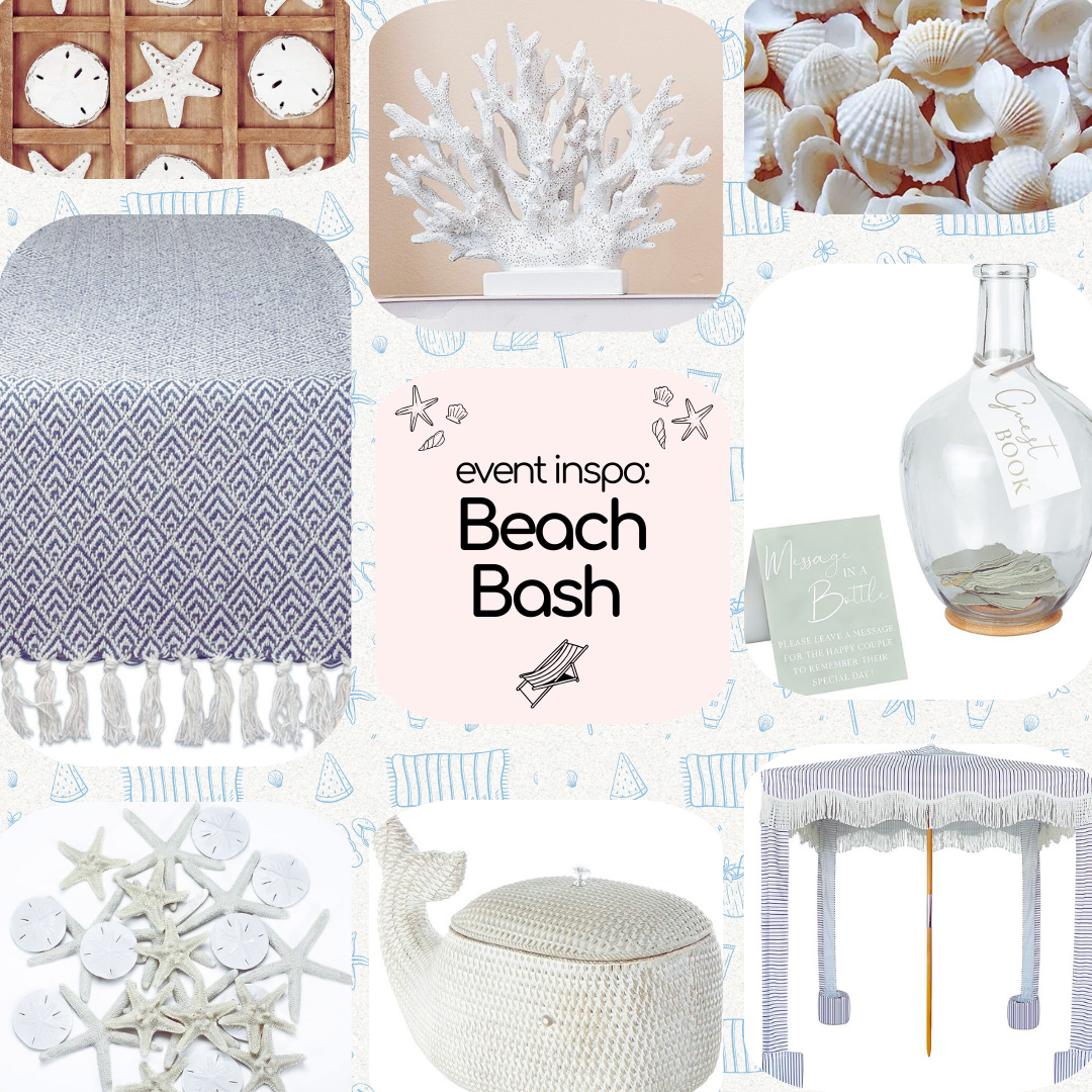 Beach-themed event inspiration collage featuring coral decoration, seashells, starfish, sand dollars, a woven throw, a whale-shaped wicker basket, a bottle guestbook, and a striped beach umbrella canopy.