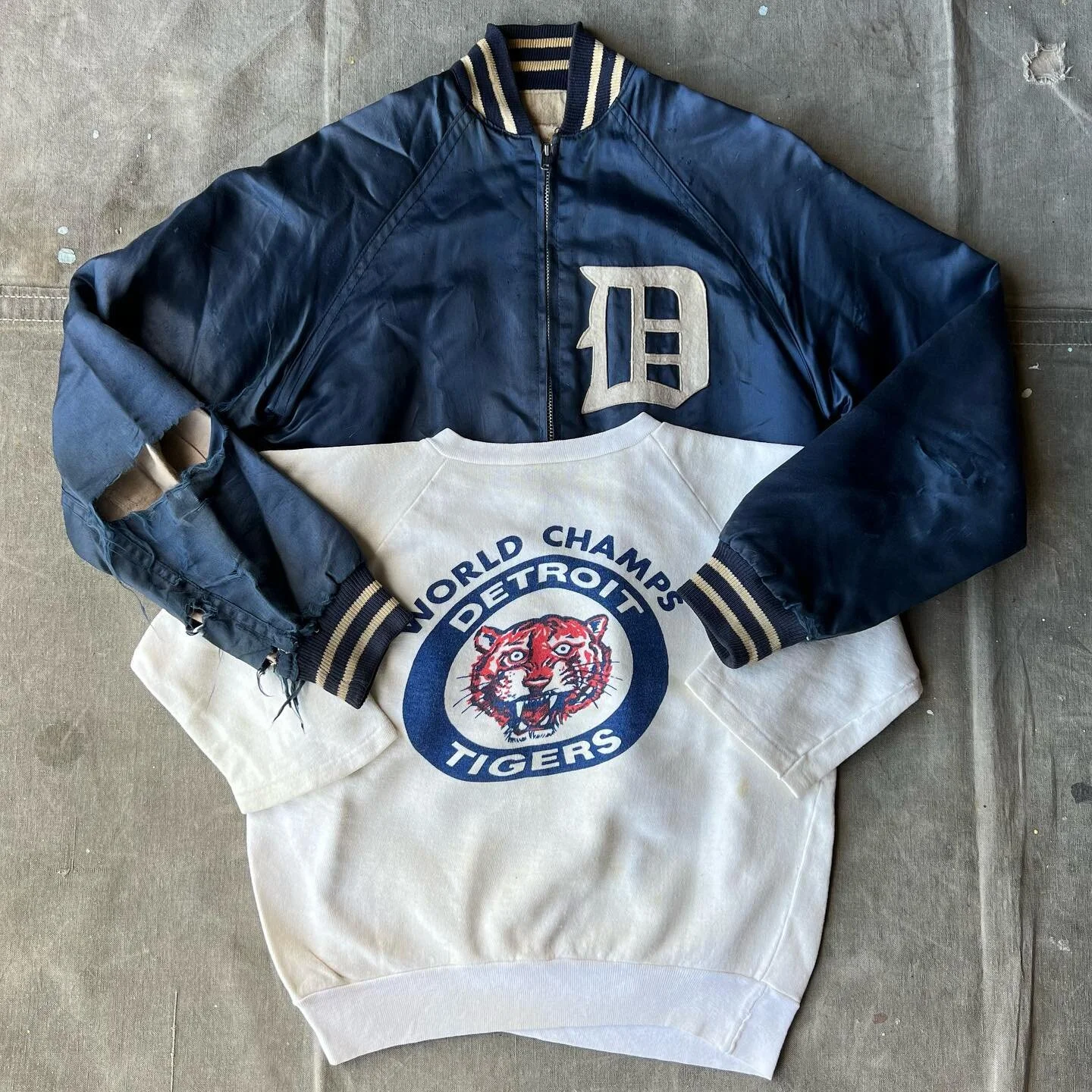 Detroit Tigers merch from the 1968 World Series game

The Tigers beat out the the St. Louis Cardinals 4-3. The team was known for their &ldquo;never-say-die&rdquo; attitude. 

Detroit Tigers Allison crew neck &amp; Fitt bro satin varsity jacket 

#vi