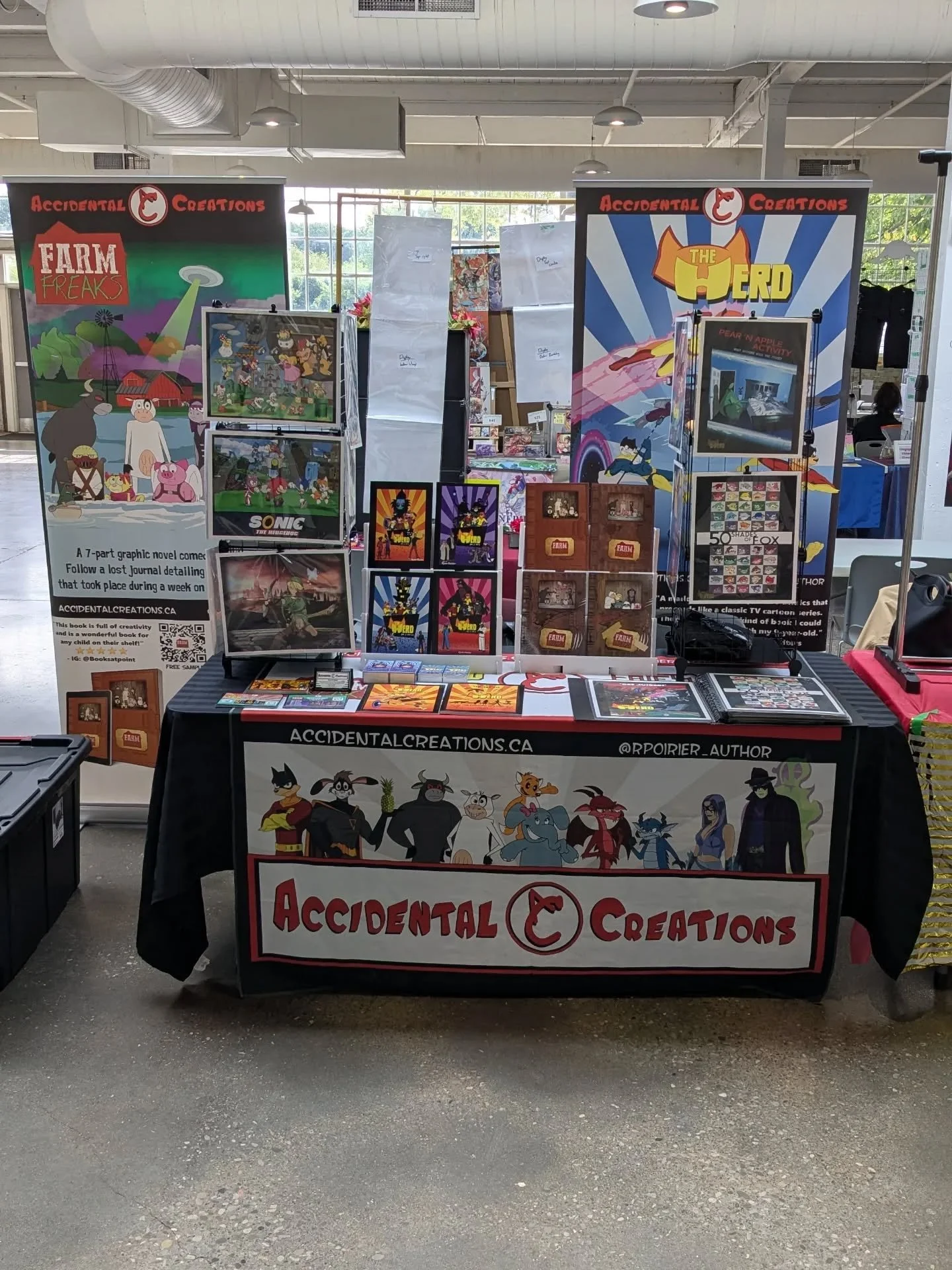 Ready to go with a new set up! Happening Now @graffickeralley Grafficker Alley Comic & Manga Show! Come by the Accidental Creations table to check out the award-winning The Herd, my new ongoing series Farm Freaks, and a bunch of other art n stu