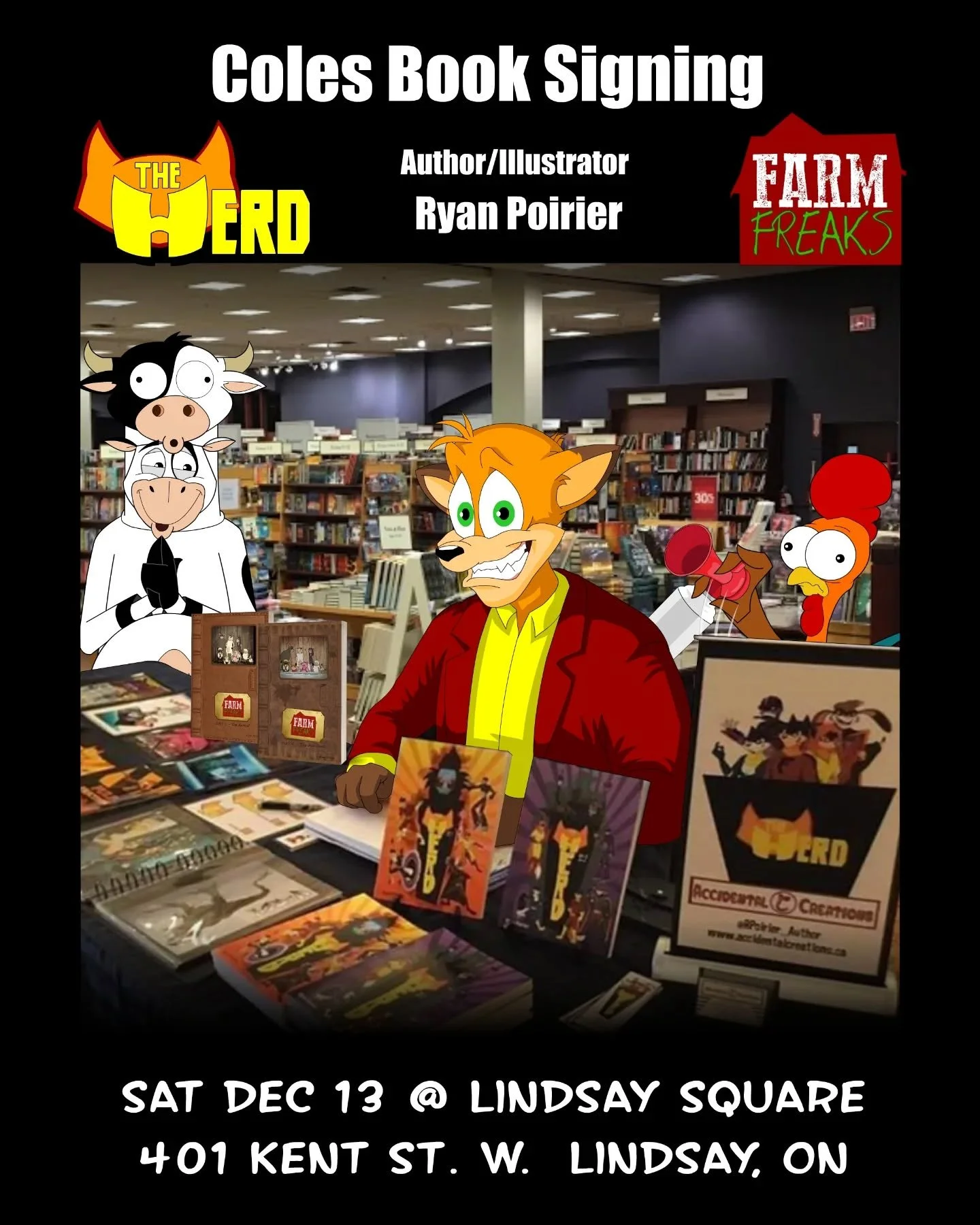 I&rsquo;ll be signing and selling copies of my graphic novels Farm Freaks and the award-winning The Herd this Saturday, 11 AM&ndash;3 PM, at Coles &ndash; Indigo, Lindsay Square Mall in Lindsay, Ontario.

If you&rsquo;re in the area, stop by, say hel