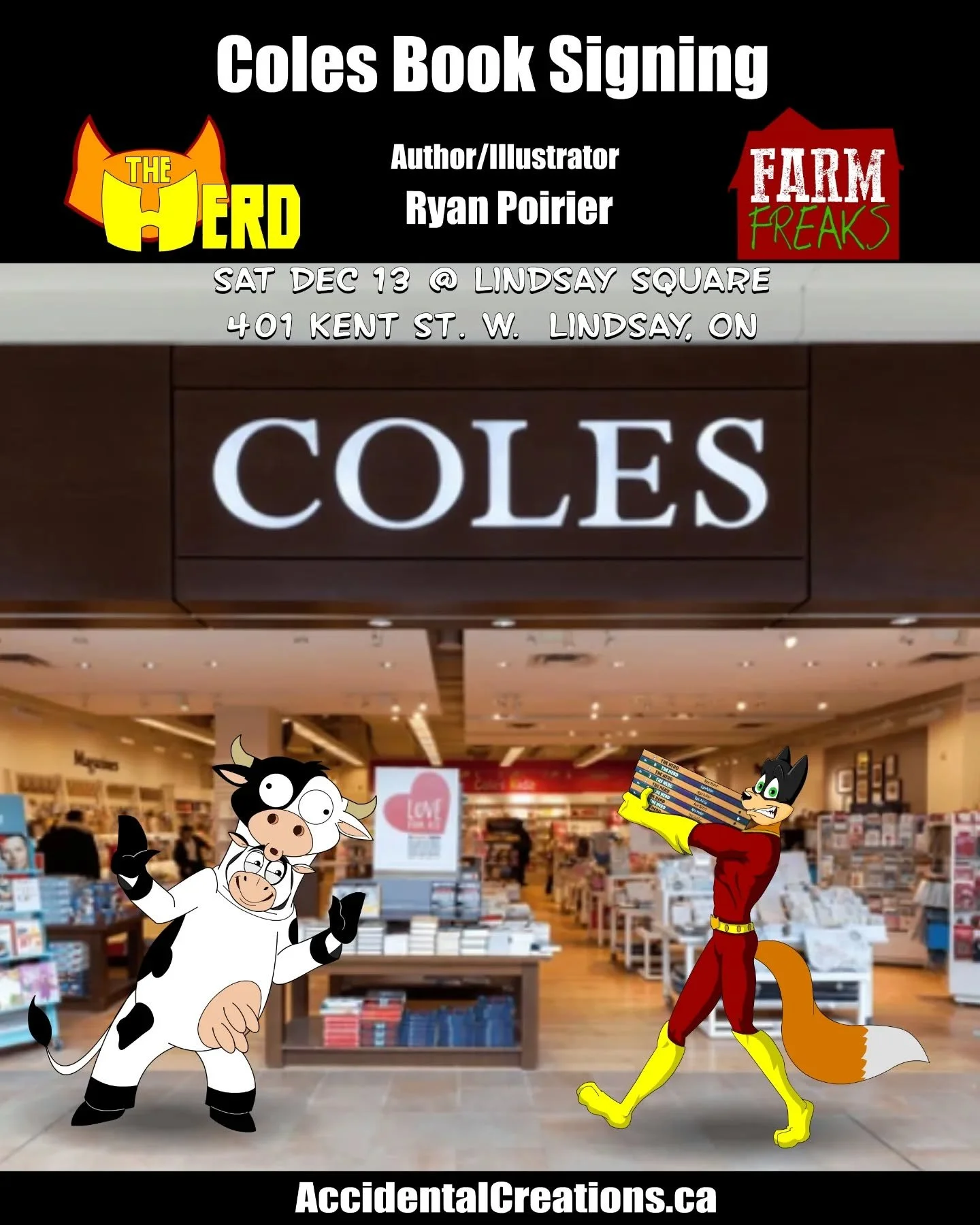 I&rsquo;ll be signing and selling copies of my graphic novels Farm Freaks and the award-winning The Herd today from 11 AM&ndash;3 PM,  @coleslindsaysquare  in Lindsay Square Mall in Lindsay, Ont

If you&rsquo;re in the area, stop by, say hello, and c