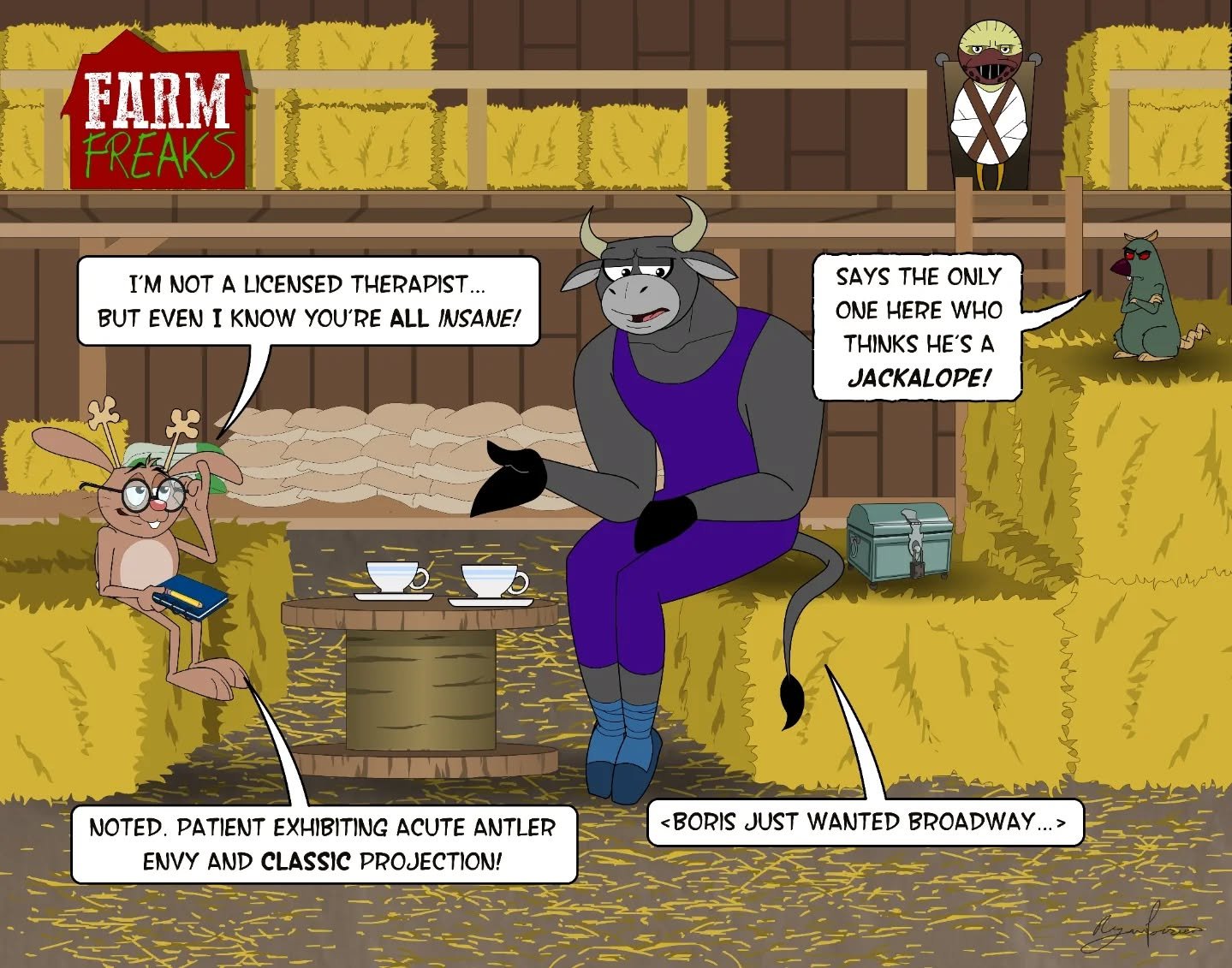 The doctor is here, ...but he's not all there...

 🐮🐷Farm Freaks - A 7-part chain-of-events comedy mystery about a family of chaotic farm animals who finally find a home &mdash; only to learn the farm&rsquo;s secrets are even stranger than they are