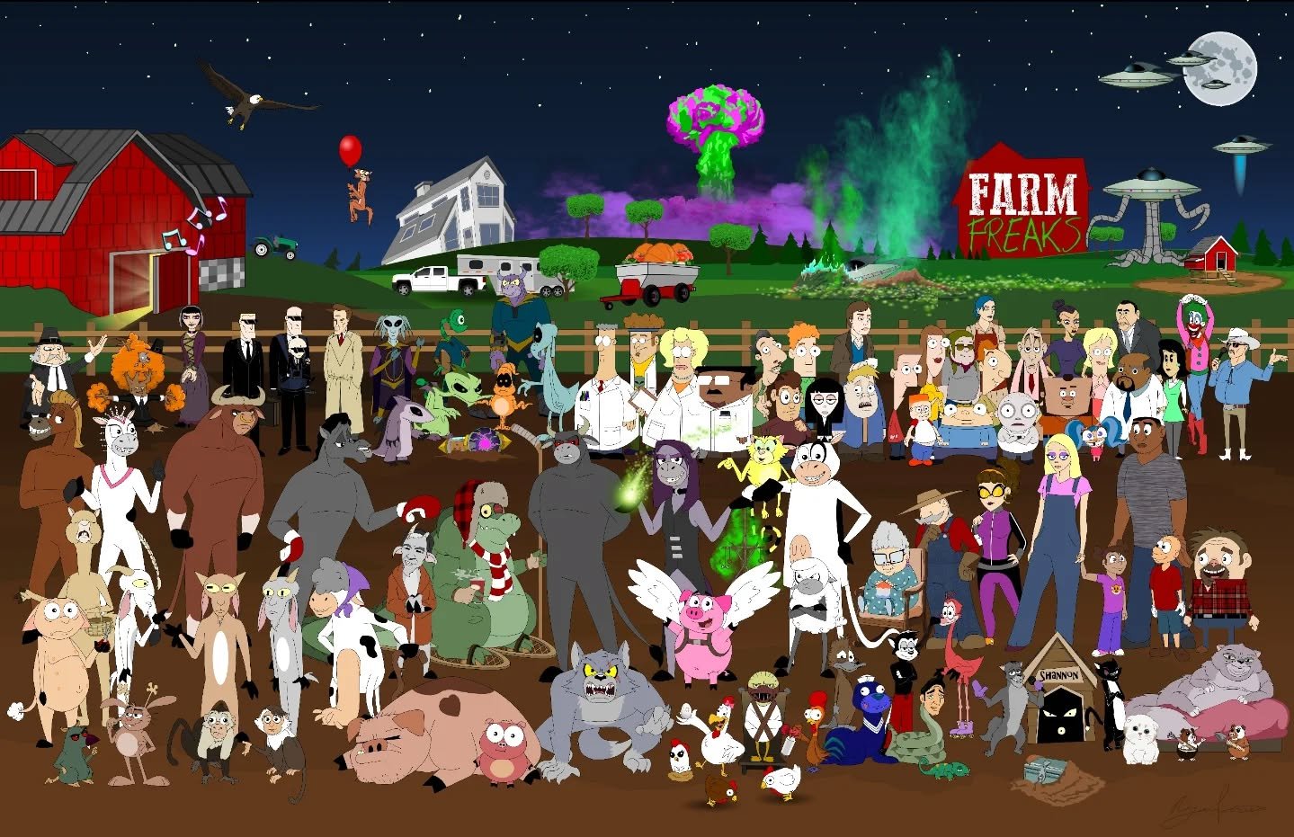 A poster I did showcasing every character I created that appears in my graphic novel series, Farm Freaks.  Some minor, some major, some main, but all from my brain 😁 

 🐮🐷Farm Freaks - A 7-part chain-of-events comedy mystery about a family of chao