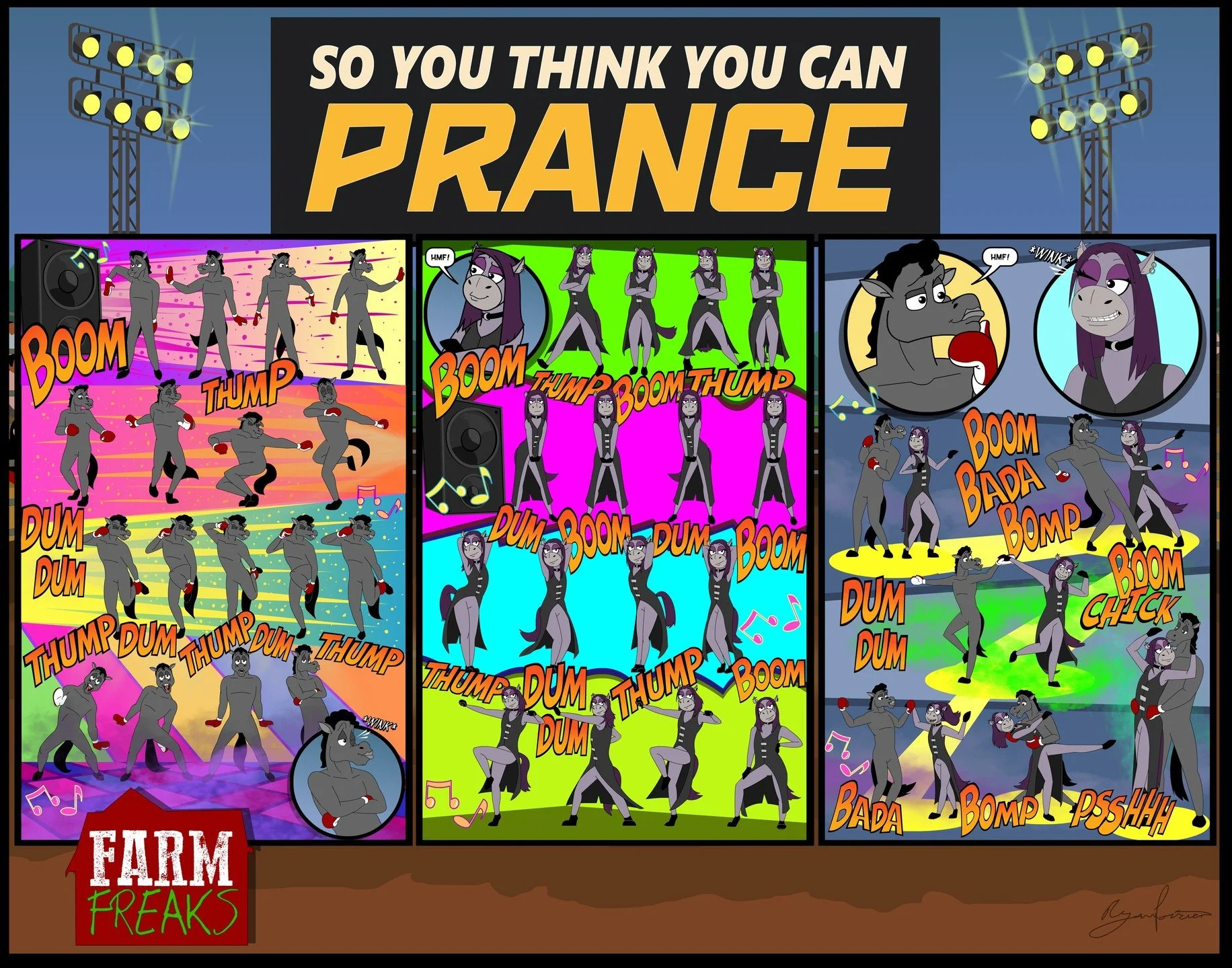 So, do you think YOU can "Prance"? Morgan and Rocket seem to think THEY can! This poster presents a 3 page spread of a horse show parody dance sequence in "Farm Freaks Day 5 - The Festival", coming soon to Kickstarter! 🐮
Follow t