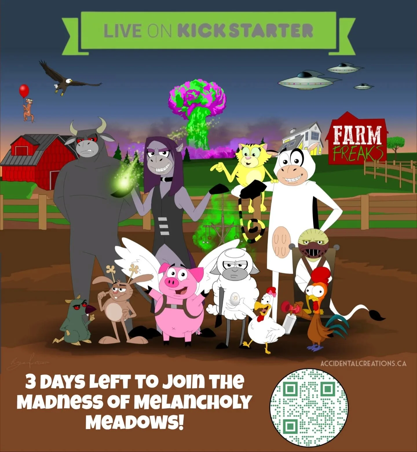 ⏳ 3 days left.
After this, the gates to Melancholy Meadows close.
🚜Farm Freaks: Day 5 &ndash; The Festival is fully funded and still growing&mdash;but more importantly, this is the final chance to grab the Kickstarter-exclusive rewards tied to this 