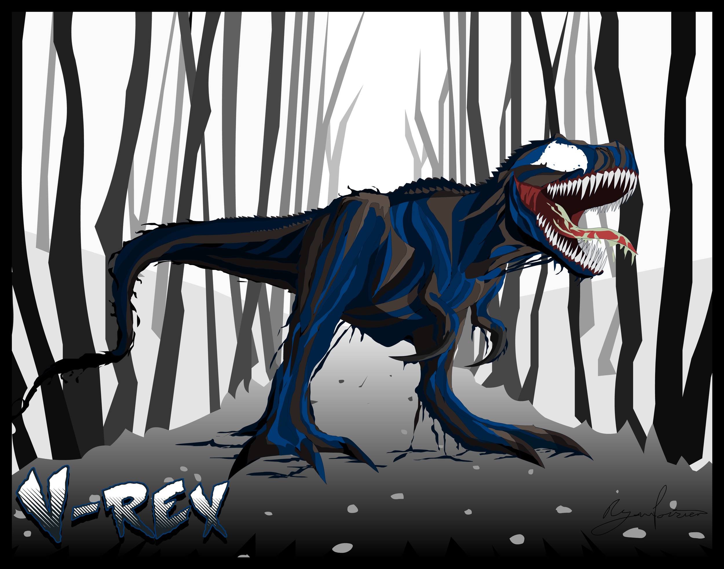 A stylized illustration of a dinosaur resembling a T-Rex, with blue and black coloration, standing in a black and white forest with stripped trees. The T-Rex is open-mouthed, showing sharp teeth and a red tongue. The text 'V-REX' appears in the botto