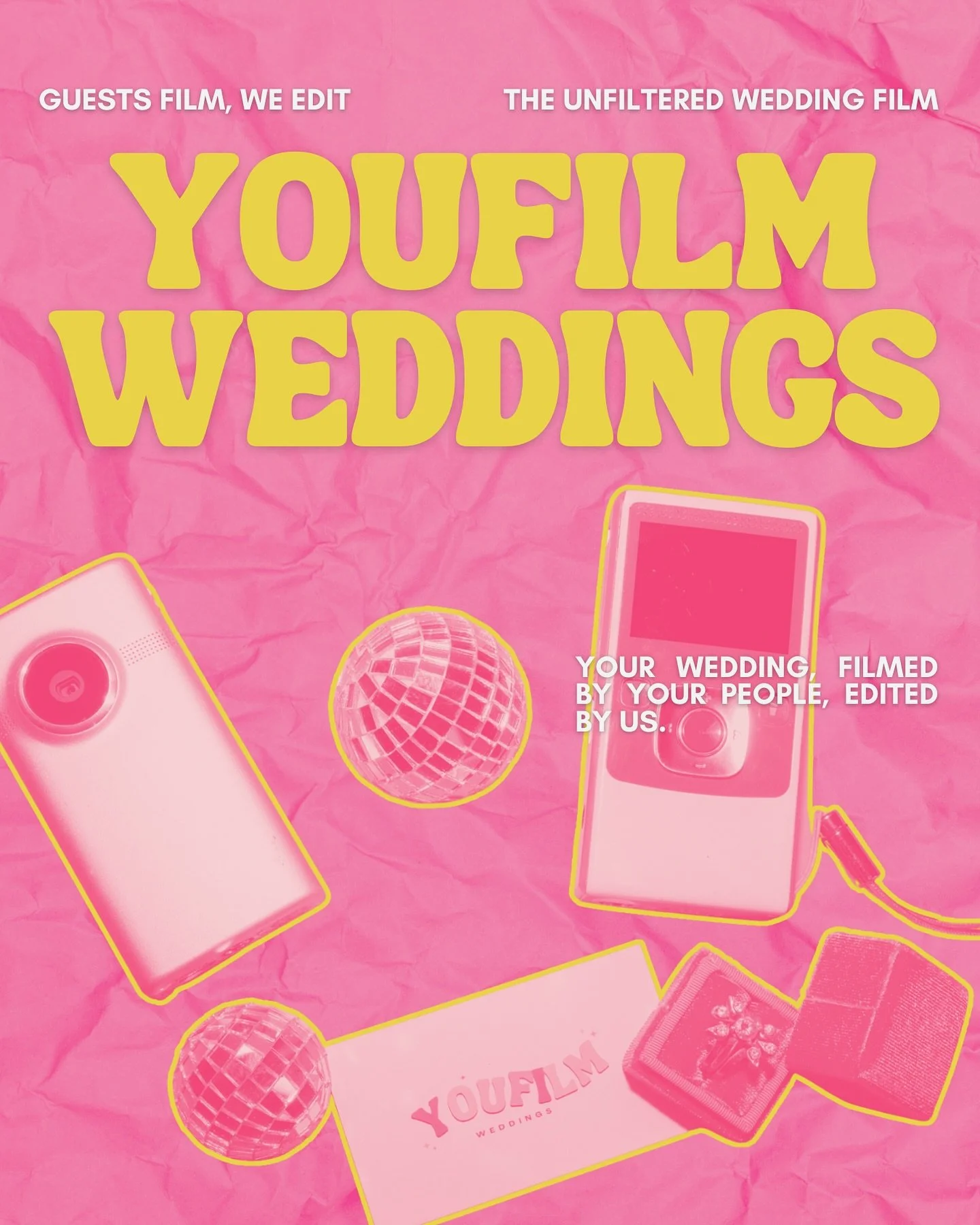 The unfiltered wedding video. With YOUfilm, we send retro camera kits to your wedding, your guests capture the day, and we edit it all into a highlight film that feels fun, candid, and nostalgic.