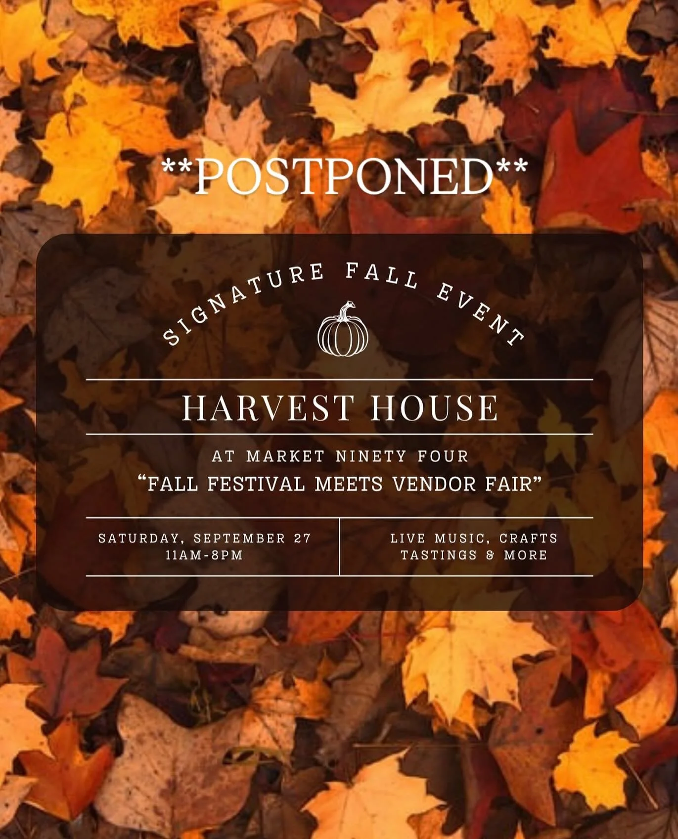 Due to weather, we&rsquo;ve decided to postpone our Harvest House event. The International Festival downtown has also been postponed, both have been rescheduled for October 11th! Mark your calendars!!