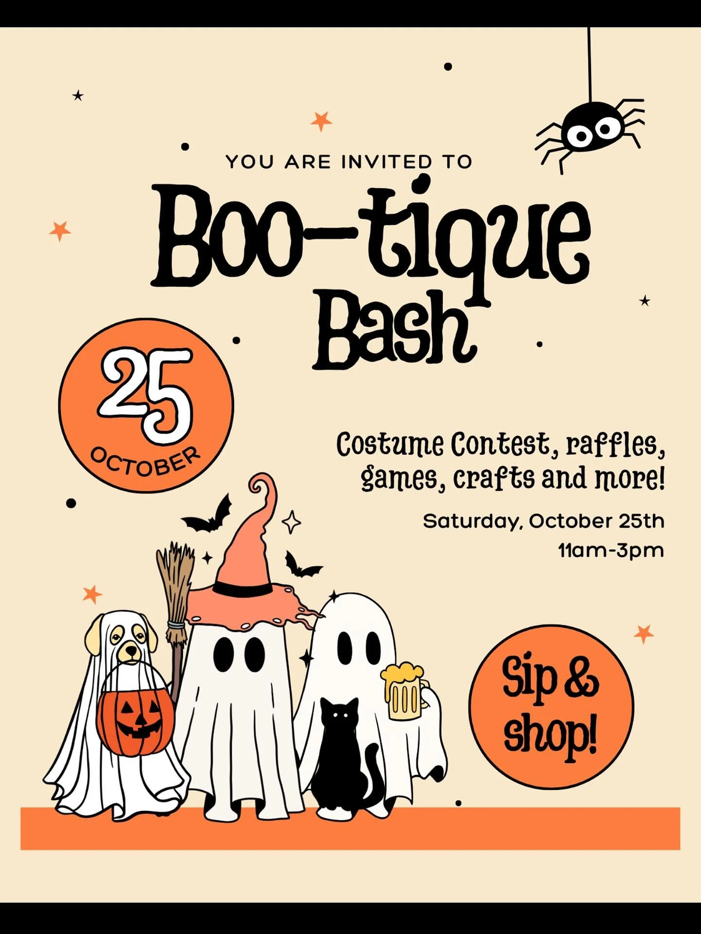 👻 You&rsquo;re invited to our Boo-tique Bash!
Join us TOMORROW Saturday, October 25th from 11&ndash;3 for a day full of shopping, sipping, and spooky fun!

✨ Costume Contest (with prizes!)
🎟️ Raffles + giveaways
🛍️ Sip &amp; shop your favorite loc